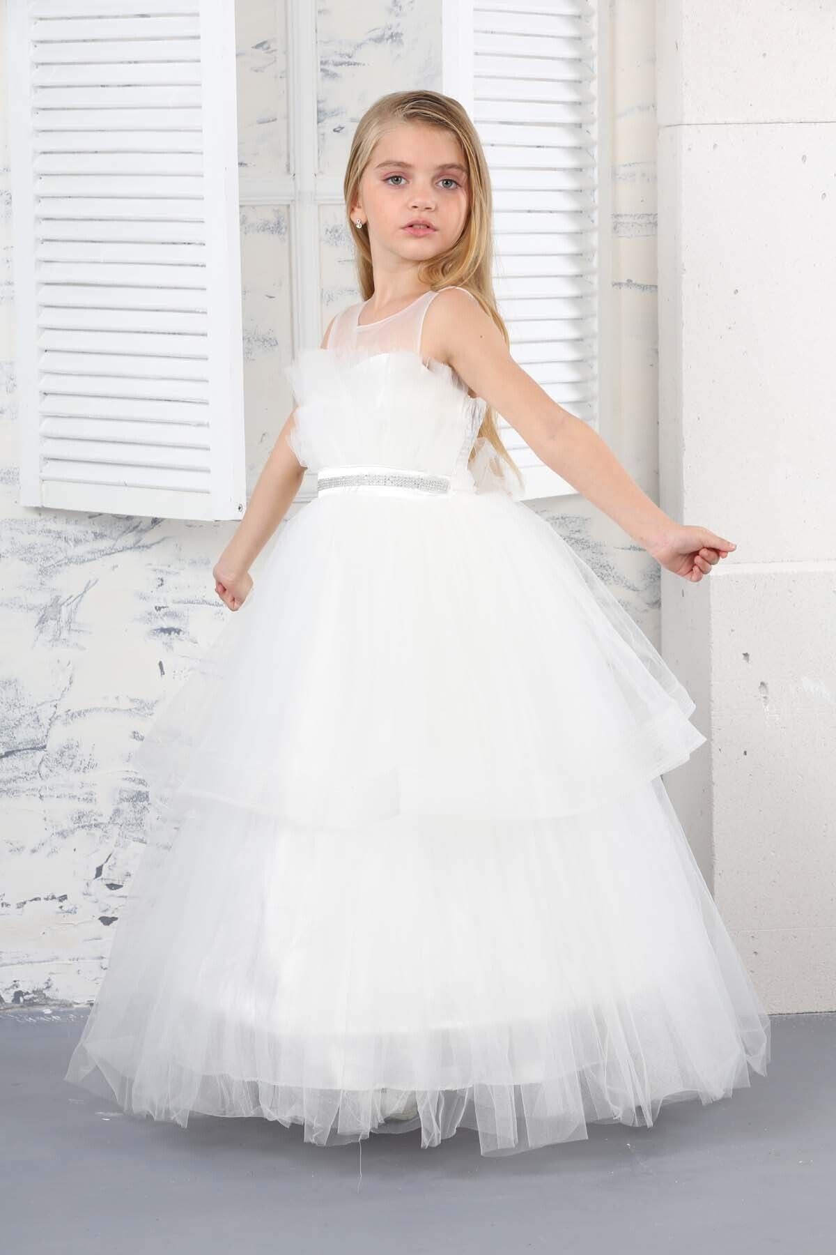 Asortik Kids Kız Çocuk Tarlatanlı Beyaz Abiye Elbise
