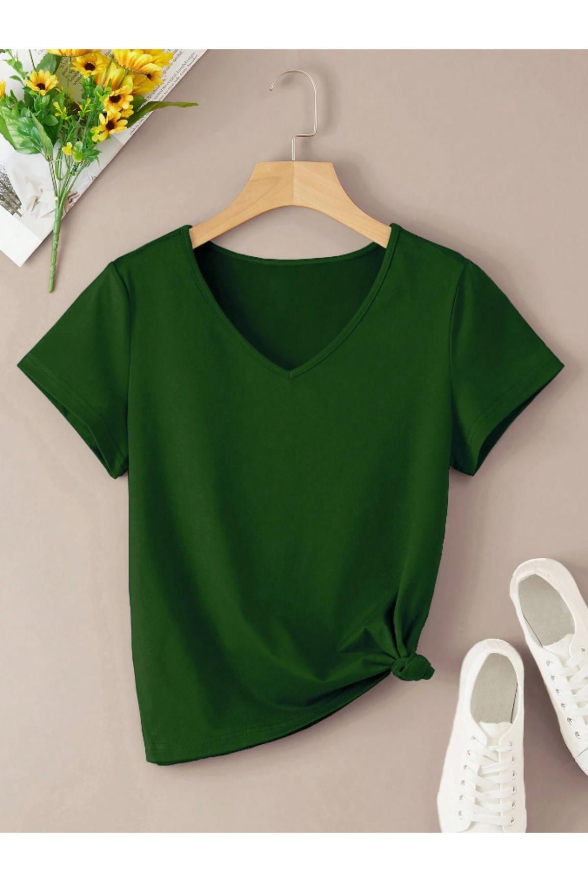 RASCHA Kadın Yeşil V Yaka Regular T-Shirt