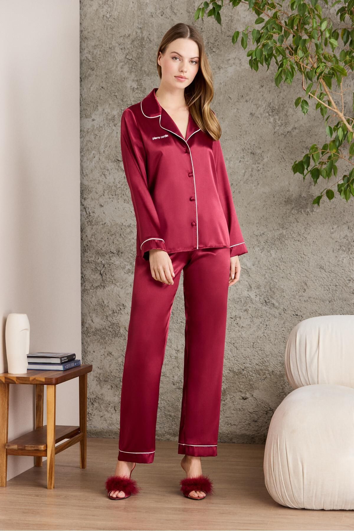 Pierre Cardin Kadın Saten Biyeli Pijama Takımı -1200 Bordo