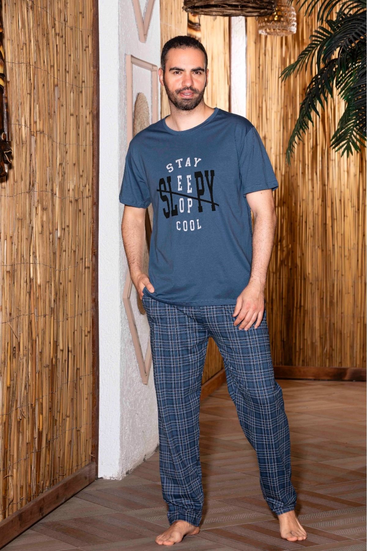 Eyfuze Erkek Ekoseli Baskılı Cepli Kısa Kollu Örme Penye Pijama Takımı