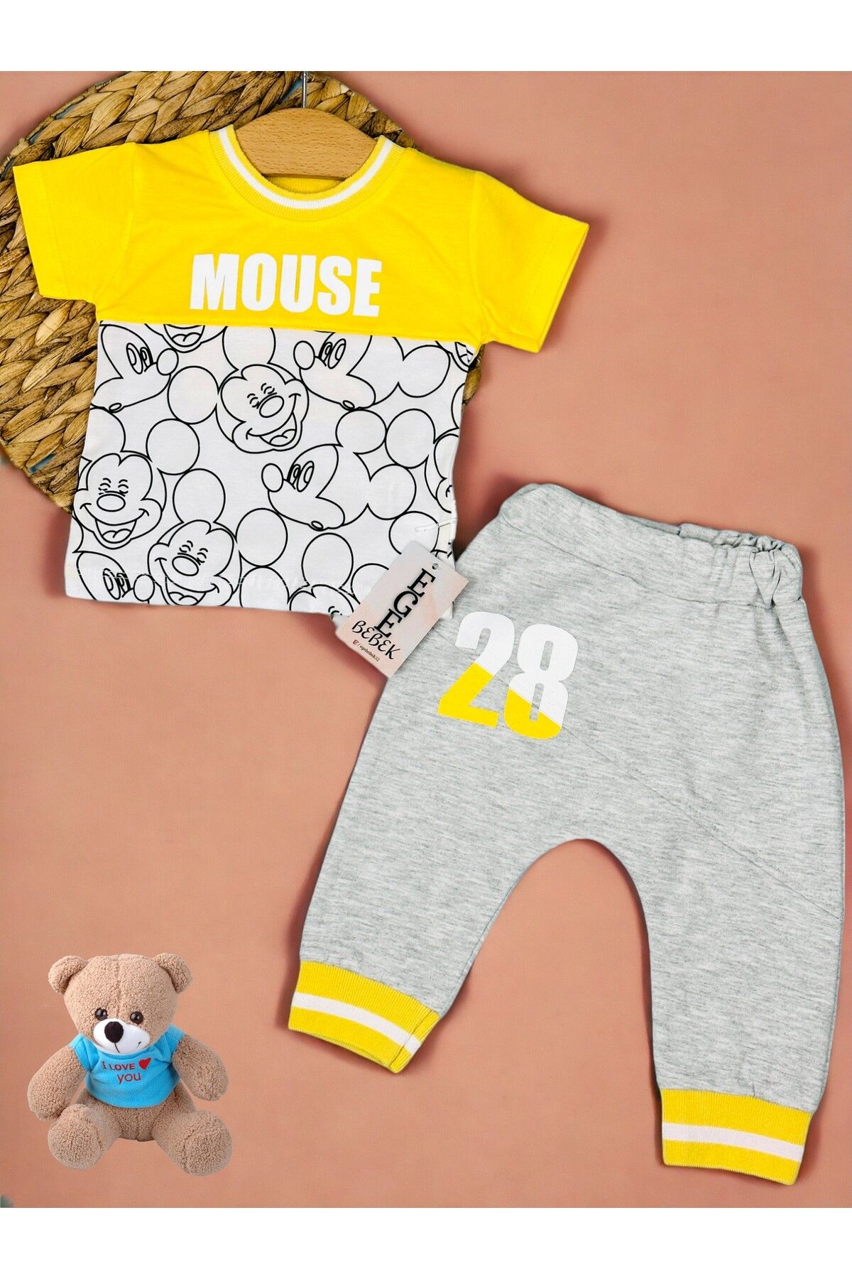 VOY KİDS Yazlık Erkek Bebek Mickey Mouse Baskılı Günlük Eşofman Takımı, T-shirt ve Eşofman Altı Takımı Sarı