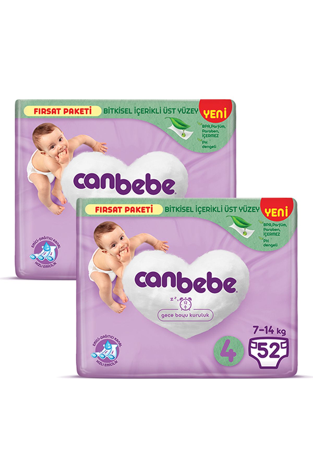 Canbebe Bebek Bezi Fırsat Paketi 4 Beden Maxi (7-14 KG) 52 Li X 2 Adet