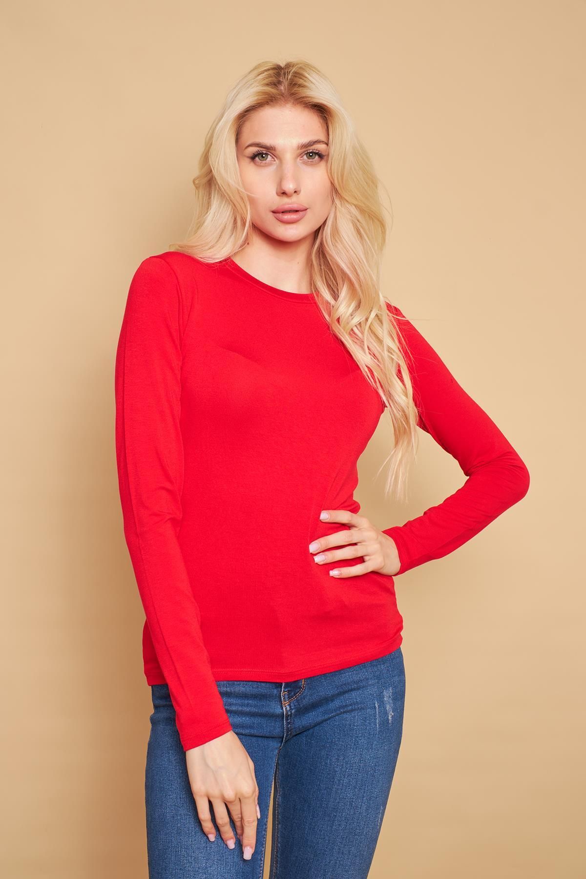 Jument Sıfır Yaka Uzun Kol Likralı Şık Kumaş Bluz Body-Kırmızı