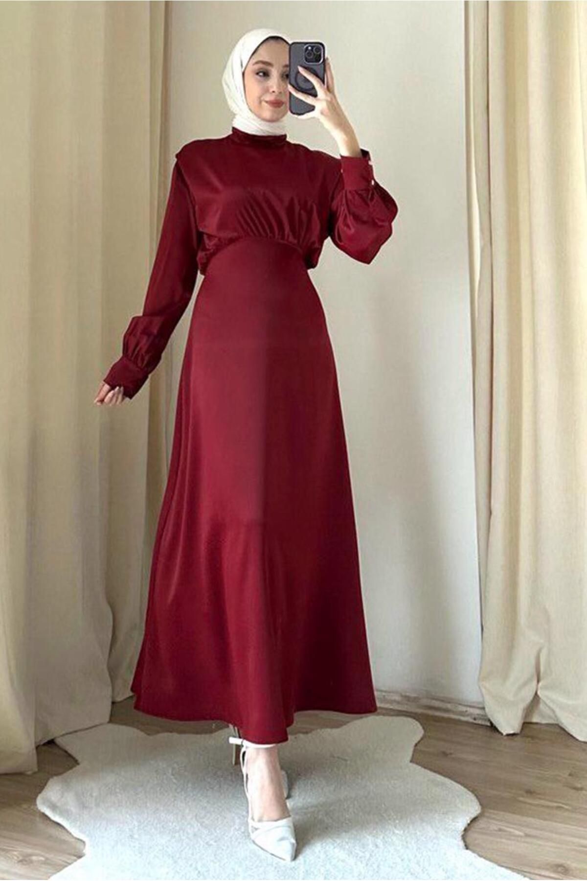 TRENDTESETTÜR Kadın Bordo Yarasa Kol Abiye Elbise T 4748