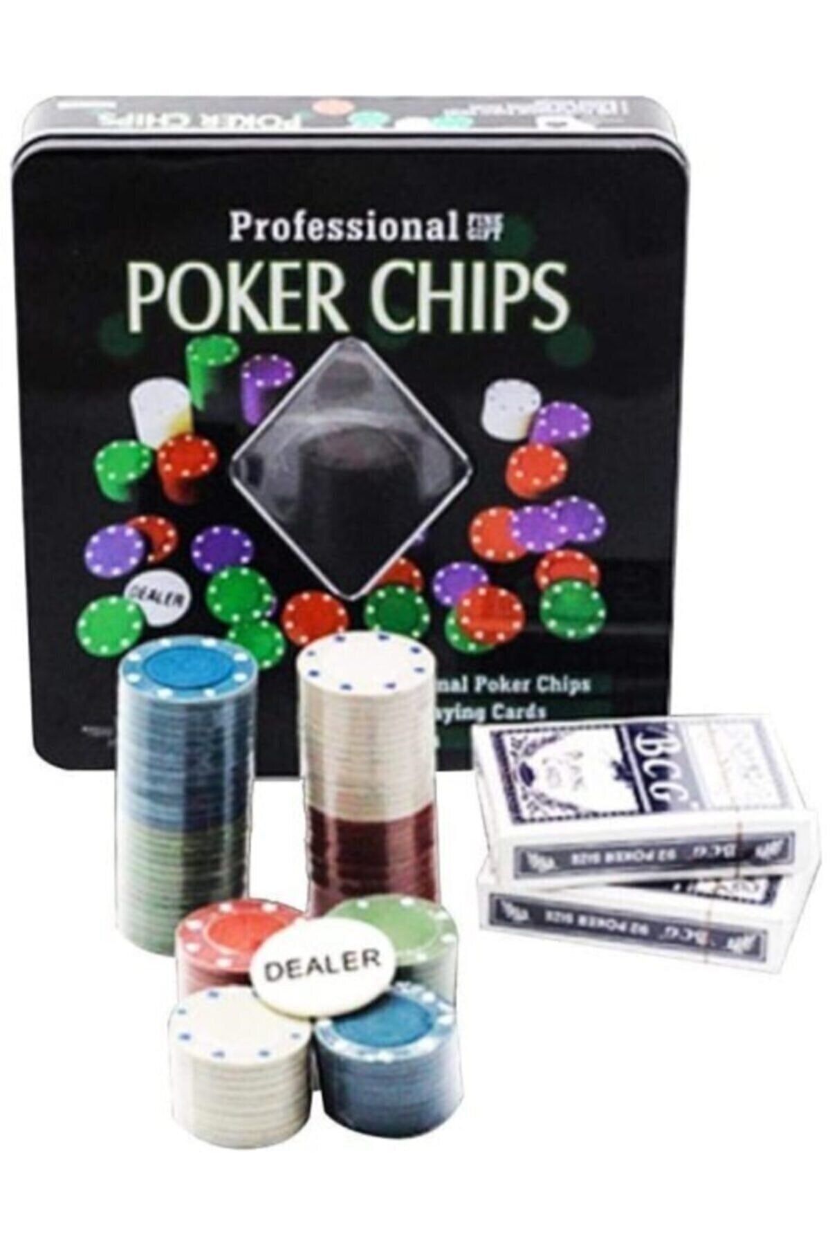 HediyeFilesi Profesyonel Poker Seti Metal Kutulu Rakamlı Sayılı 2 Adet Iskambil Poker Çipi 100 Çipli Oyun Fişli
