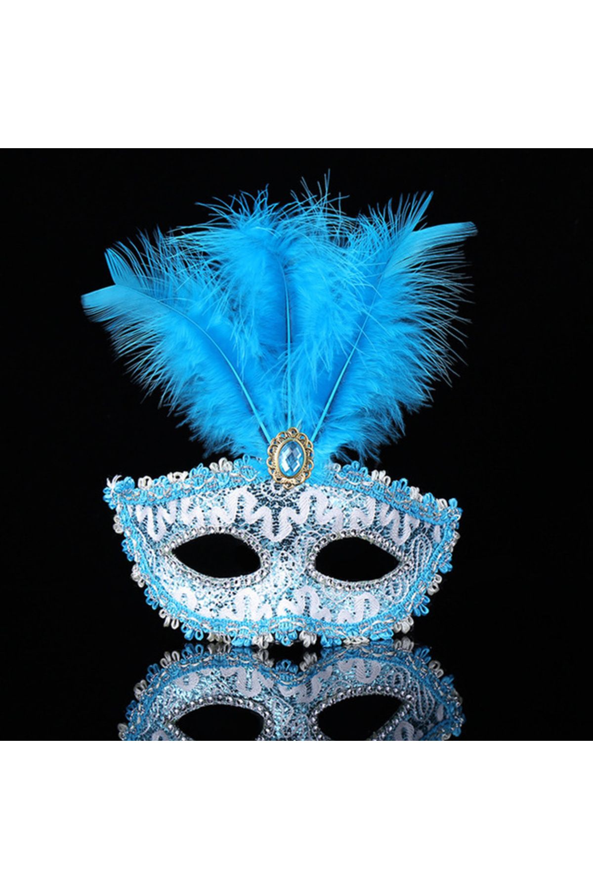 Soydoğan Mavi Dantel İşlemeli Mavi Tüylü Balo Parti Maskesi 17x20 cm