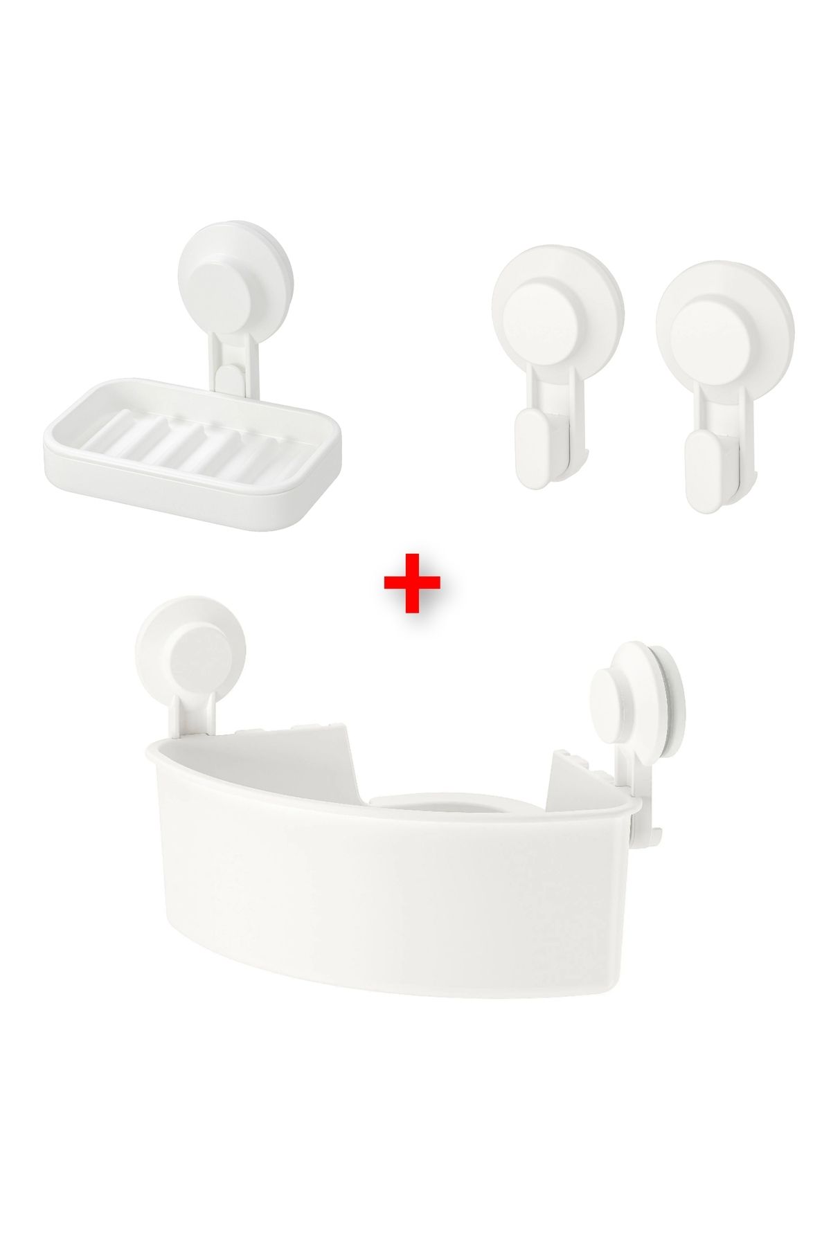 IKEA 3 Parça Vantuzlu Banyo Seti Köşe Duş Sepeti, Sabunluk Ve 2 Li Duvar Askısı Plastik Beyaz