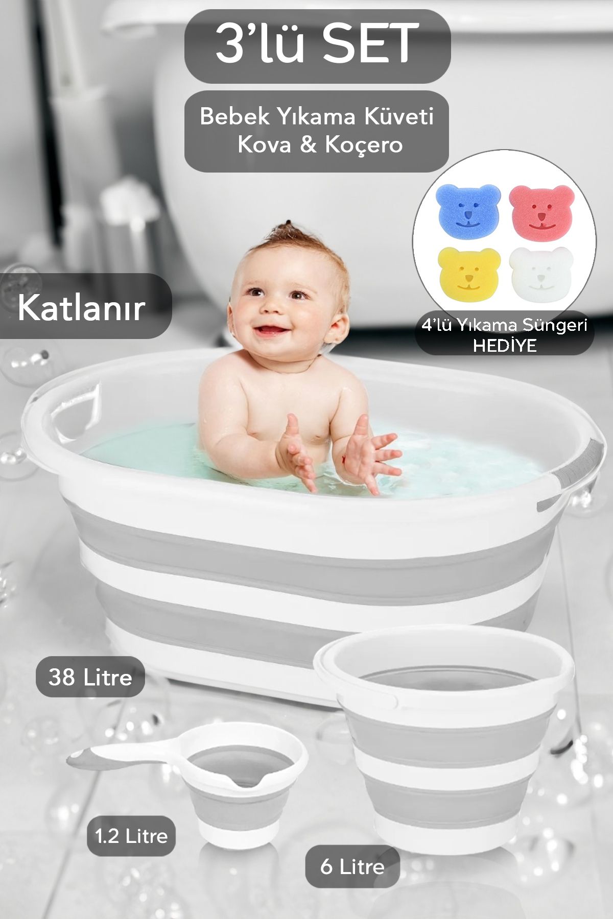 Meleni Baby 3'lü Set Katlanır Bebek Banyo Yıkama Seti Küvet Büyük Boy - Su Kovası - Maşrapa Gri Sünger Hediyeli
