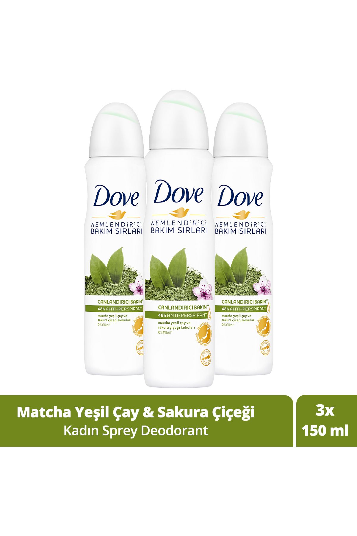 Dove Kadın Sprey Deodorant Canlandırıcı Bakım Matcha Yeşil Çay Ve Sakura Çiçeği 150 ml X3 Adet