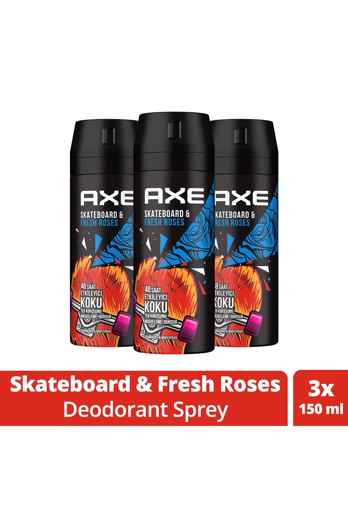 Axe Erkek Deodorant Sprey Skateboard & Fresh Roses 48 Saat Etkileyici Koku 150 ml X3 Adet