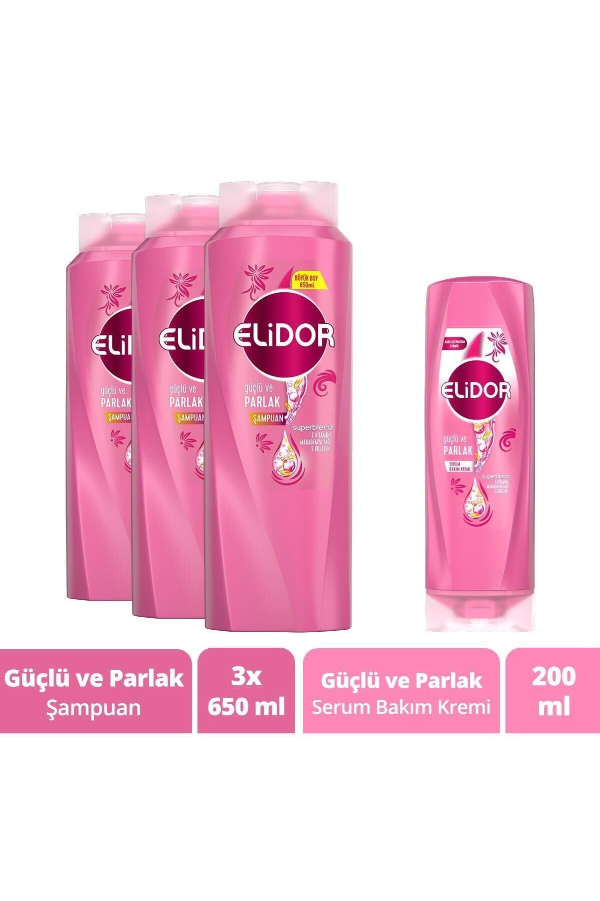 Elidor Superblend Saç Bakım Seti Güçlü ve Parlak Saçlar Şampuan 650 ml x3 + Serum Bakım Kremi 200 ml