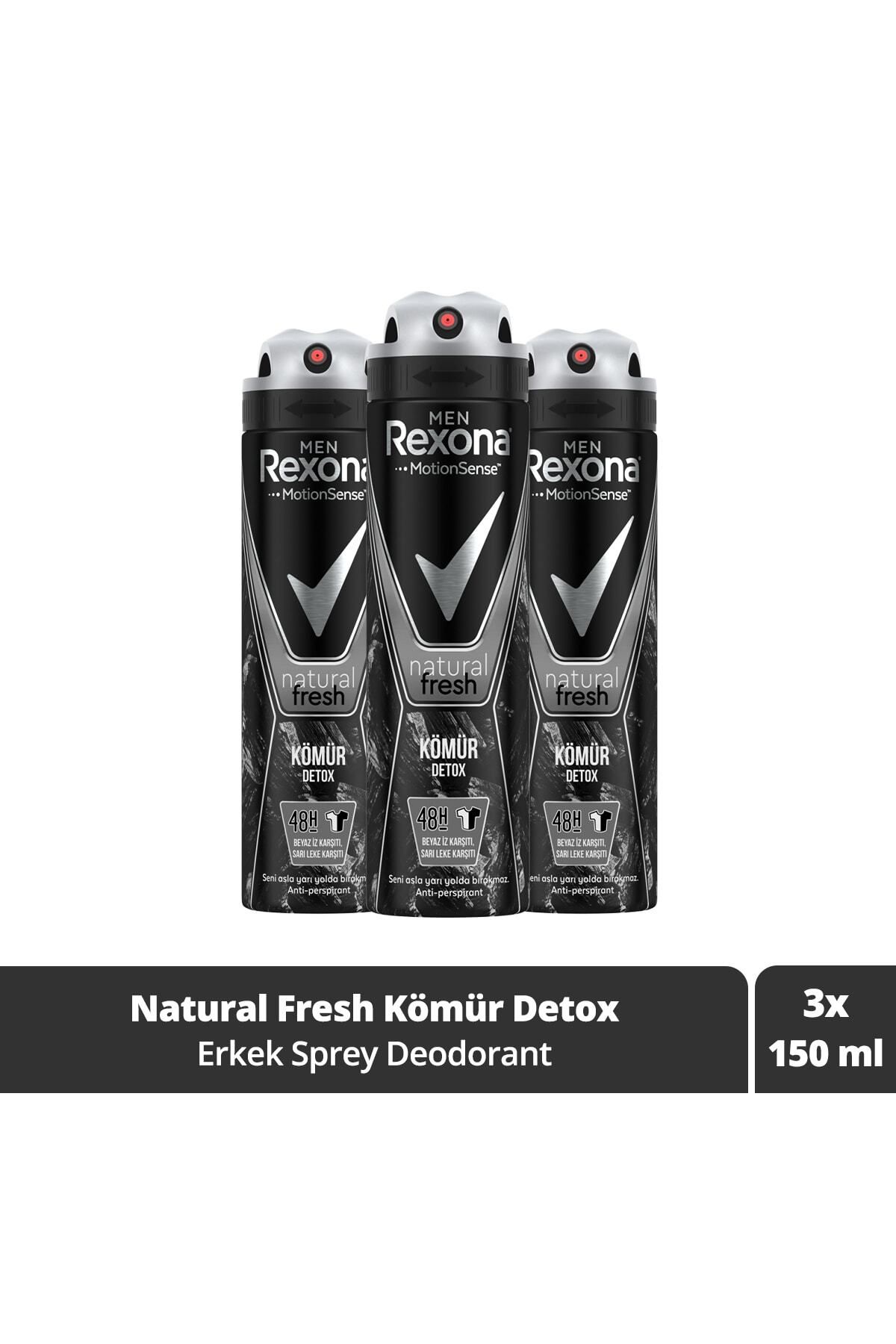 Rexona Men Erkek Sprey Deodorant Natural Fresh Kömür Detox 150 ml x3 Adet