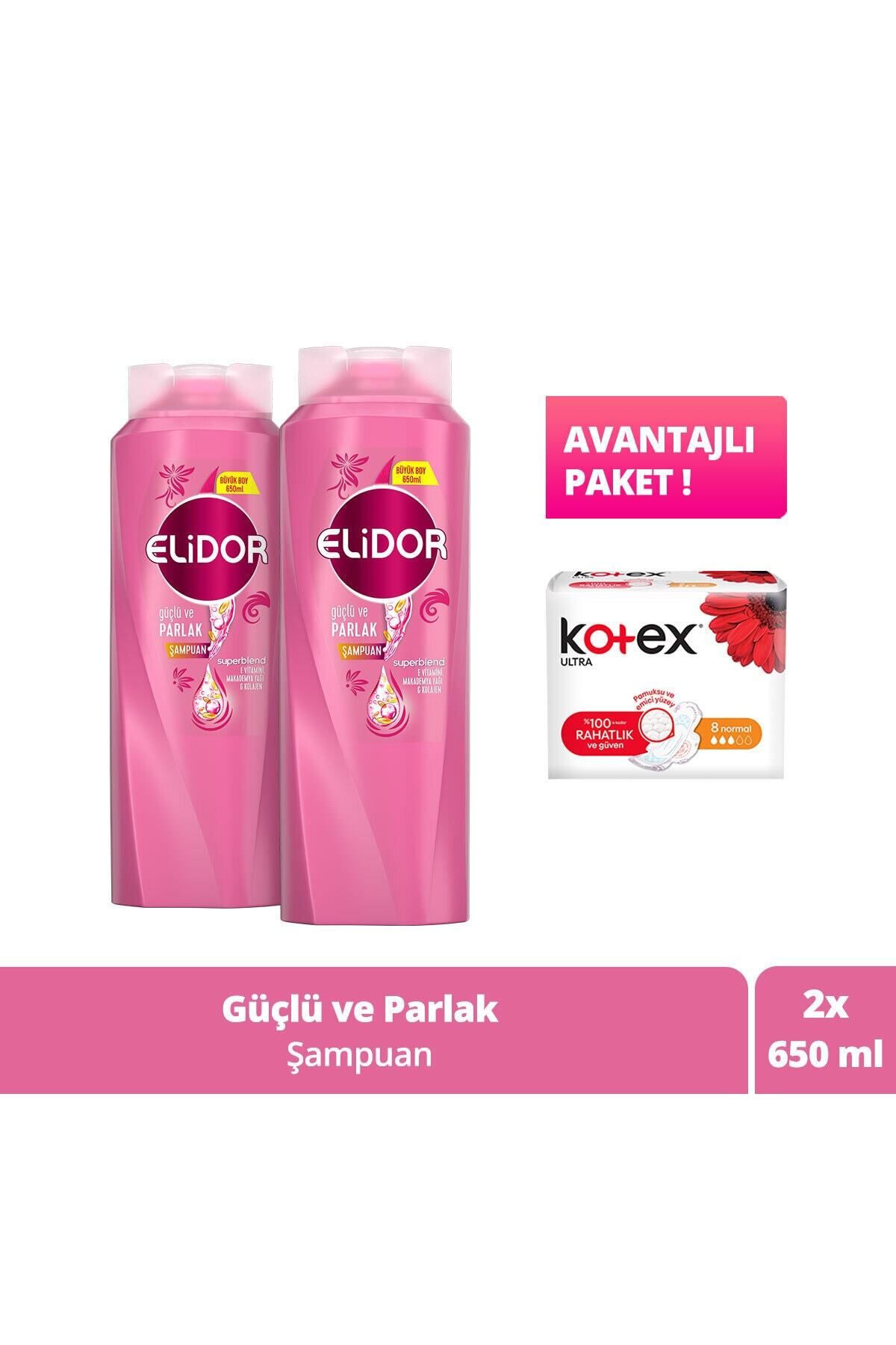Elidor Güçlü Ve Parlak Şampuan 650ml X2 8'li Kotex Normal