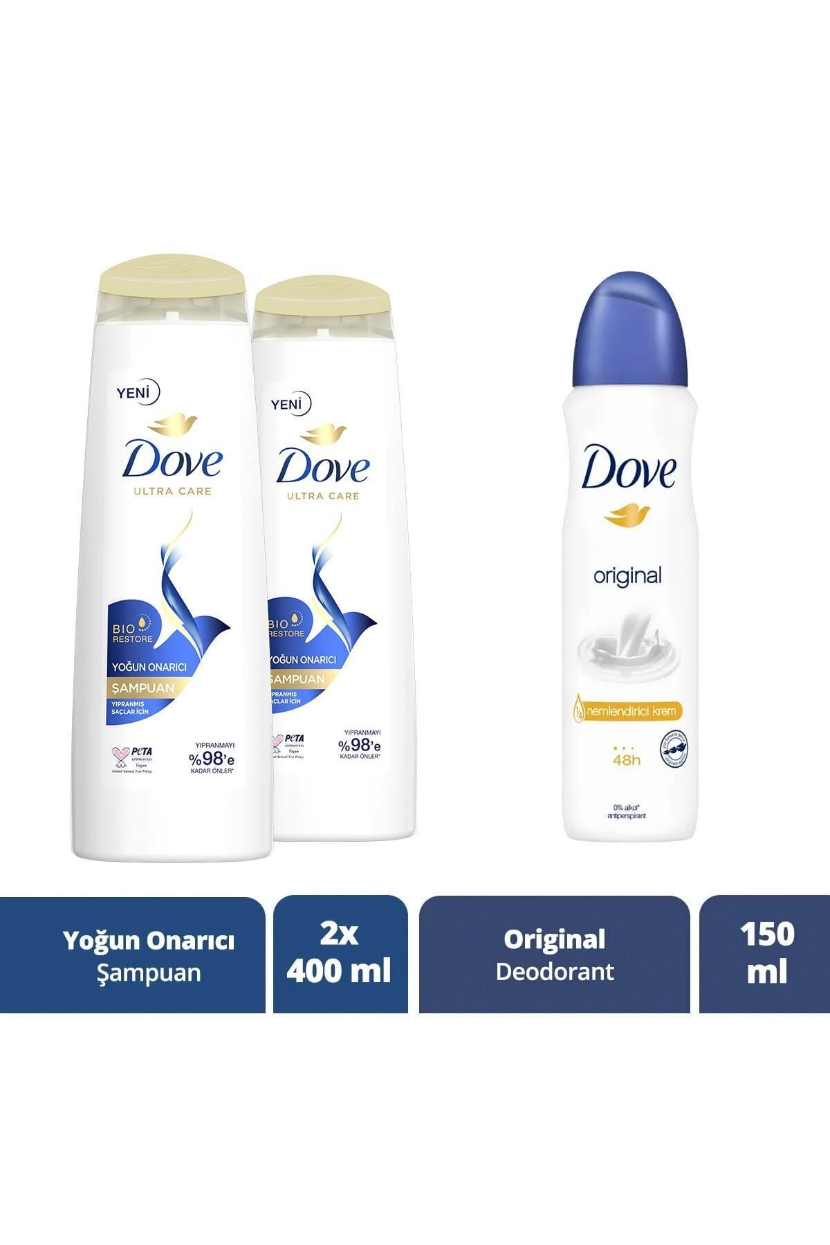 Dove Ultra Care Saç Bakım Şampuanı Yoğun Onarıcı 400 ml x 2 + Kadın Sprey Deodorant Original 150 ml