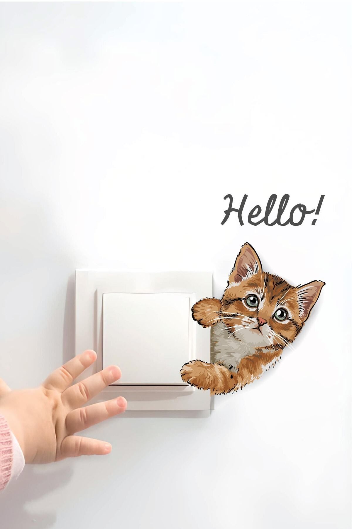 212shop Sevimli Kedi Hello Yazılı Dekoratif Çocuk Genç Odası Priz Süsleme Sticker