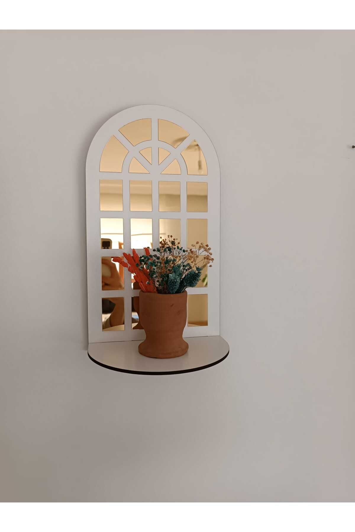 Arlesia Hint Penceresi Duvar Rafı 4 mm Beyaz MDF 1 mm GOLD Aynalı Pleksi Modern, Şık, Dekoratif