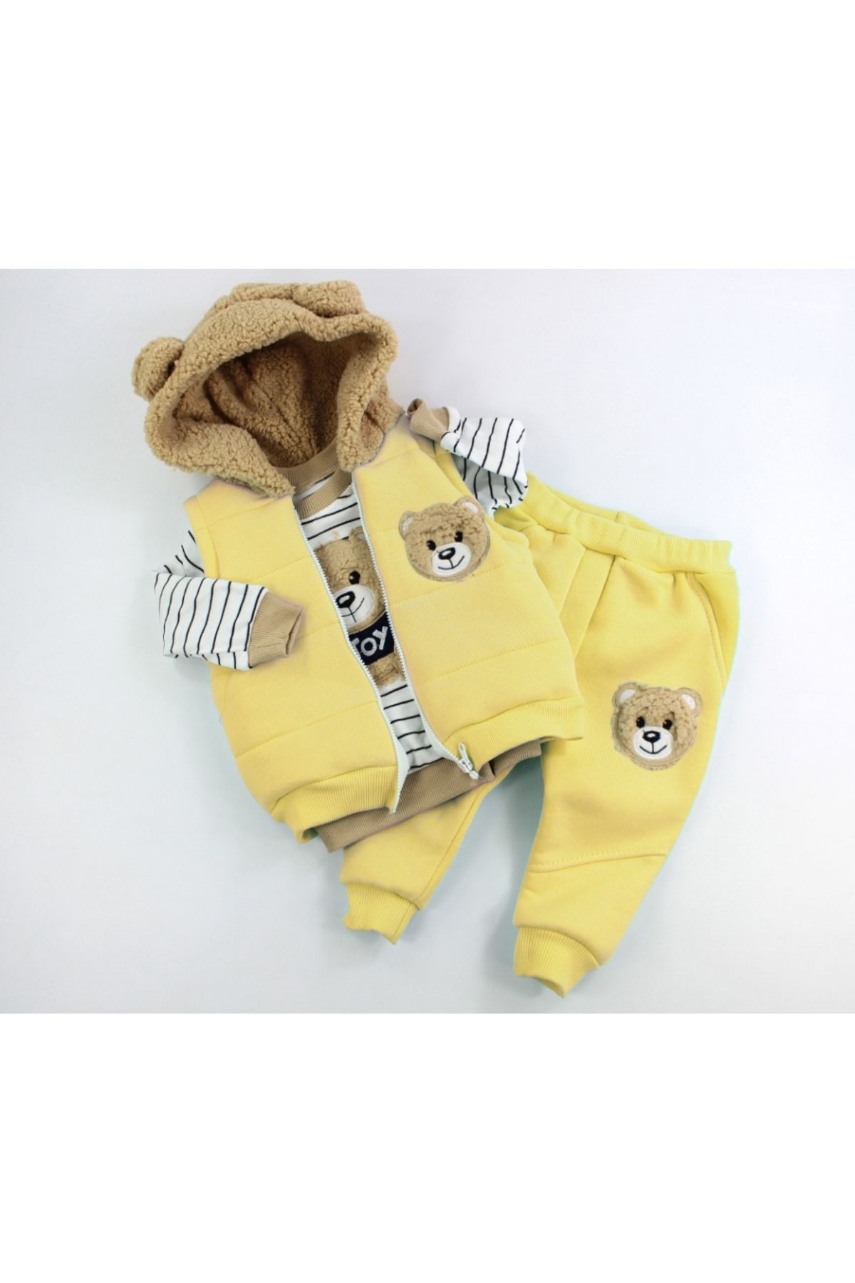 DIDuStore Sevimli Ayıcık Kapüşonlu Unisex 3'lü Bebek Spor Giyim Seti