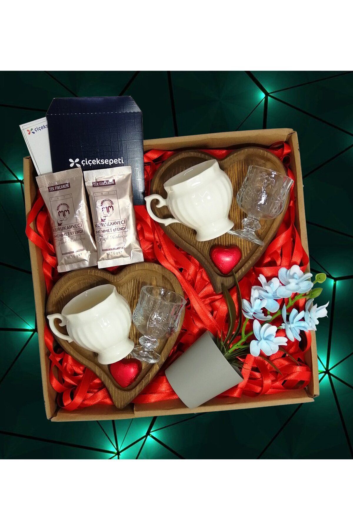 mutluluk sepeti Premium 2'li Bir Kahve İçelim Hediye Fincan Seti Ahşap Kalp Sunumlu ve Orkide