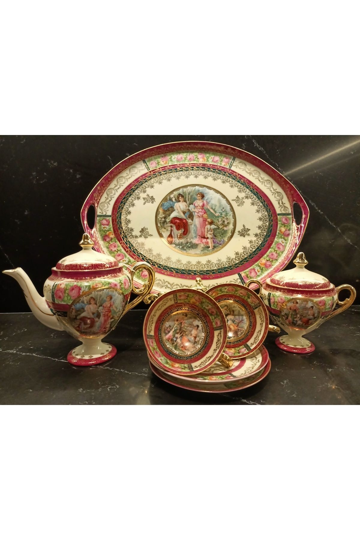 ROYAL VİENNA Vintage Antika Royal Vienna Damgalı 2 Kişilik Porselen Çay Kahve Fincanı Takımı
