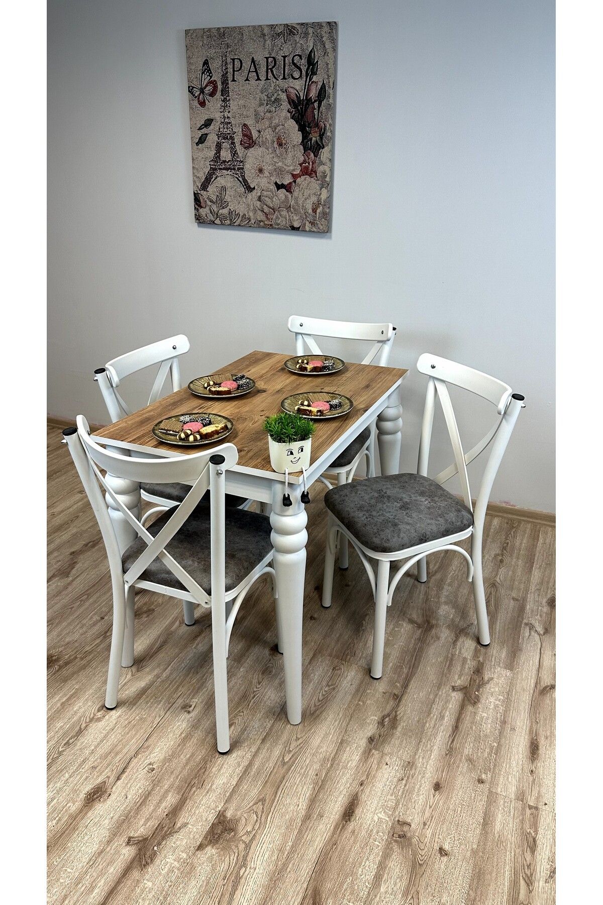 Dimassi Topkapı CEVİZ BEYAZ MASA 4 Kişilik Yemek Masası Mutfak Masası Salon Masası Koyu Bej Sandalye 70x110