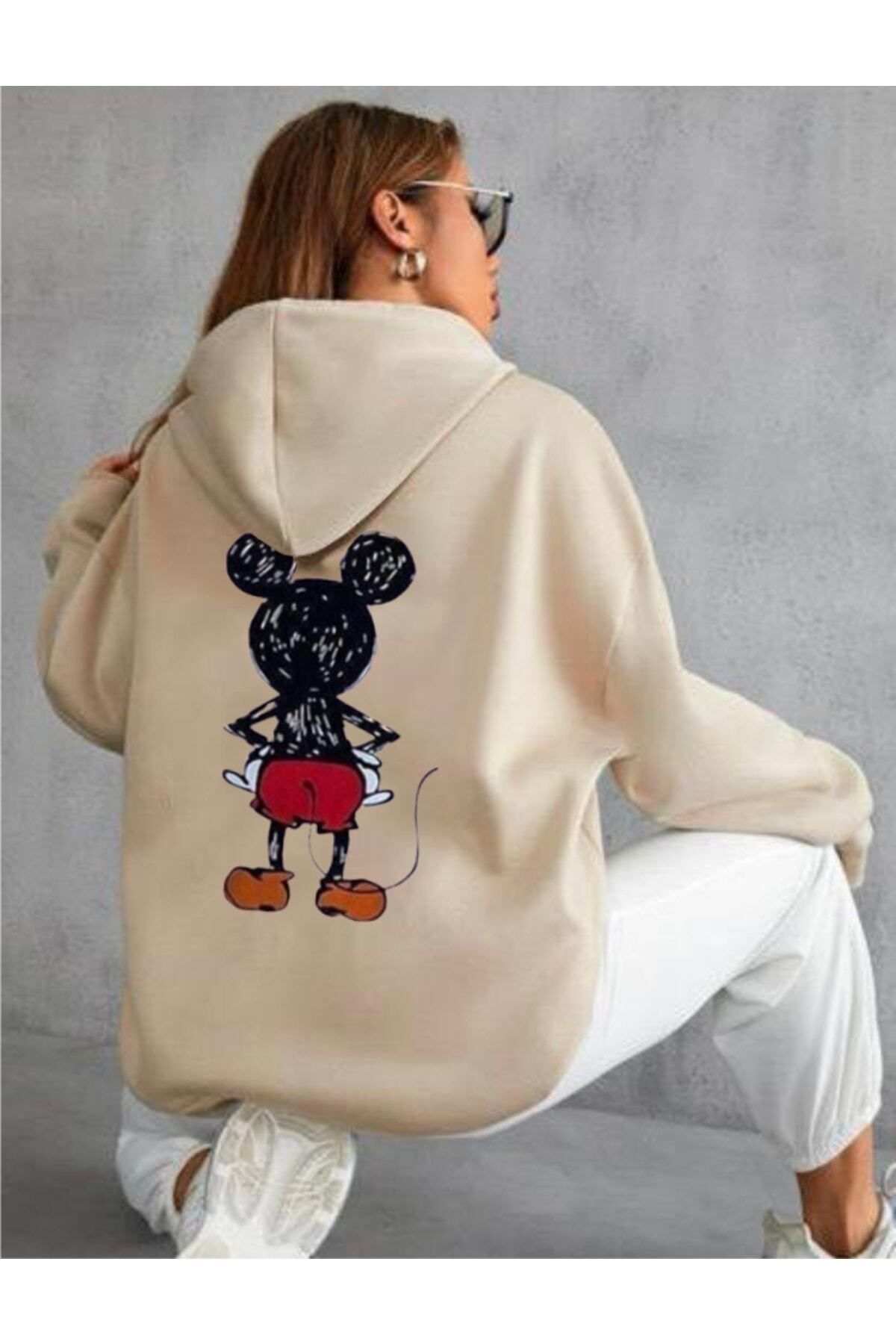 Berceste Butik Kadın Mickey Mouse Baskılı Oversize Kapşonlu Sweatshirt Hoodie