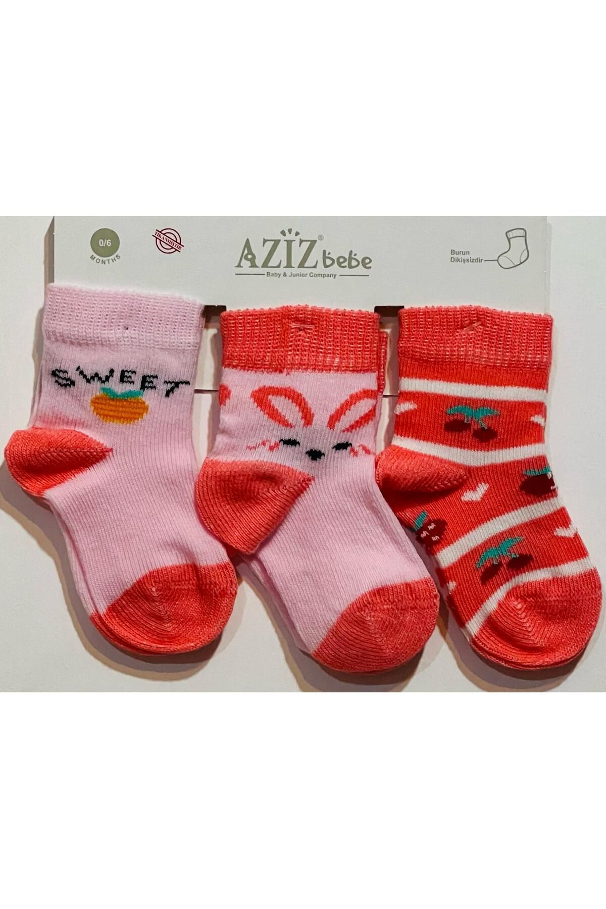 Aziz Bebe 3'lü Çorap Kız Çocuk Sweet Tavşan Kiraz Desen