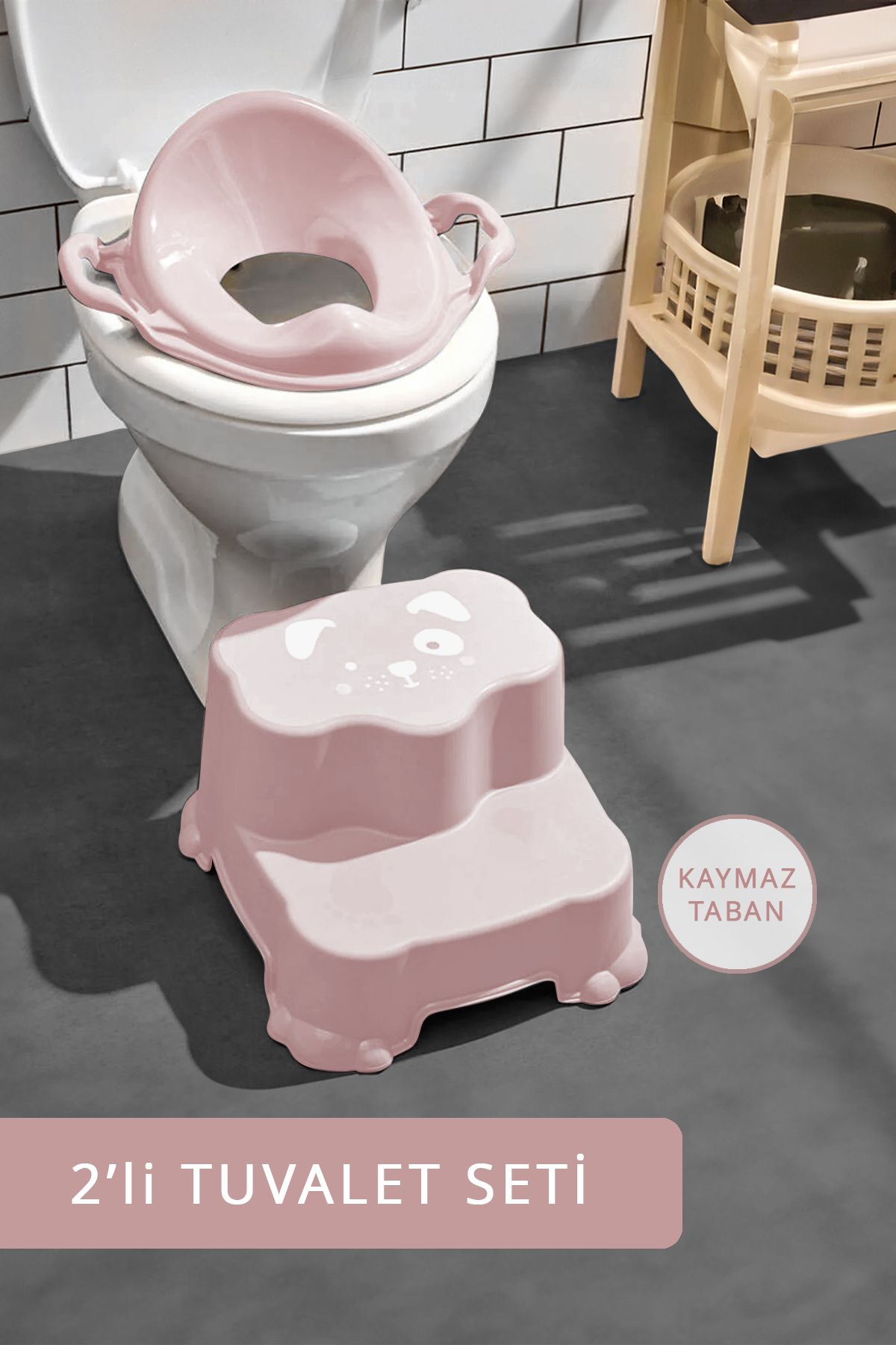 Meleni Baby Çocuklar Için Tuvalet Eğitim Seti- Kaydırmaz Katlı Basamak Ve Kulplu Klozet Adaptörü Pembe