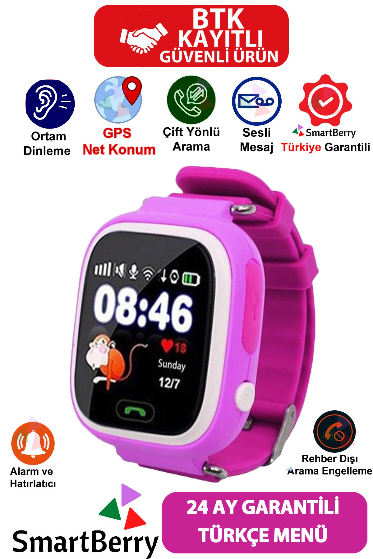 Smartberry Q90 GPS Konumlu Akıllı Çocuk Takip Saati Sim Kartlı Arama, Gizli Dinleme Özellikli - Pembe