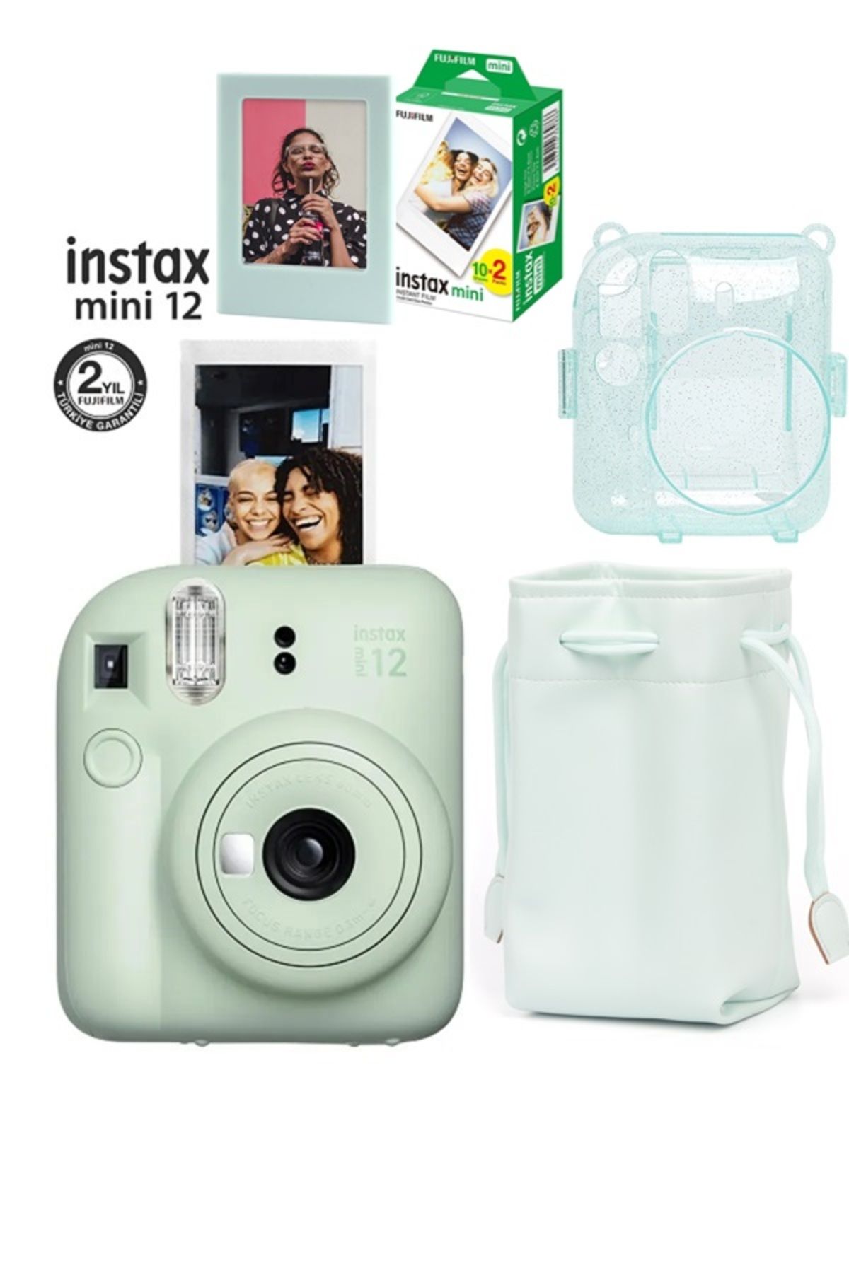 Fujifilm Instax Mini 12 Fotoğraf Makinesi-20li Film-Büzgülü Kılıf-Simli Koruyucu Kılıf ve Mıknatıslı Çerçeve