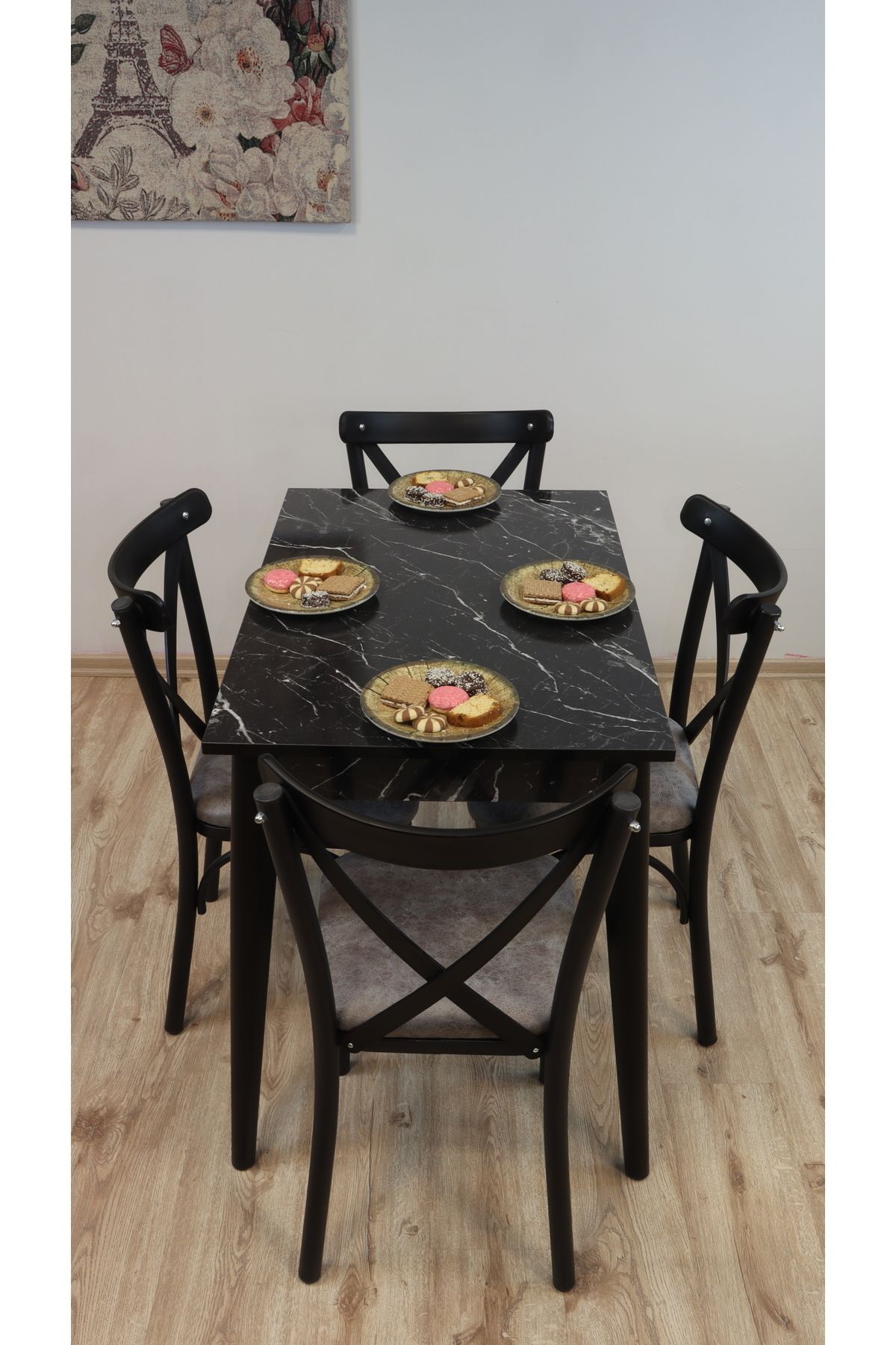 Dimassi Retro Siyah Mermer 4 Kişilik Yemek Masası Mutfak Masası Salon Masası Koyu Bej SANDALYE