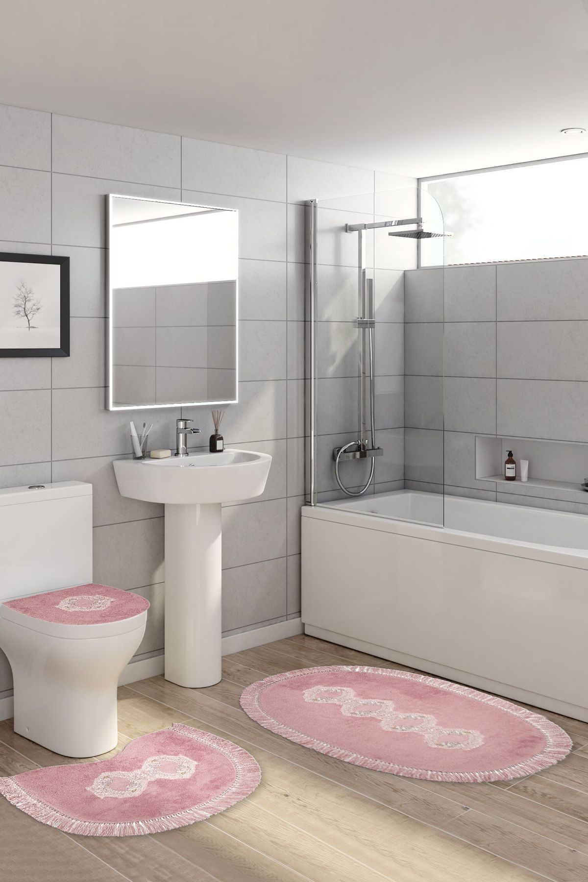 Luxury Home Welsoft Dantelli 3'lü Klozet Takımı Banyo Paspas Seti Connie Pudra