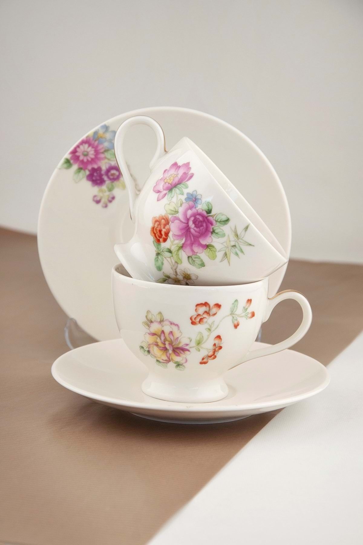 Bursa Porselen Dekor Dantel çiçek 2 kişilik çay fincan takımı