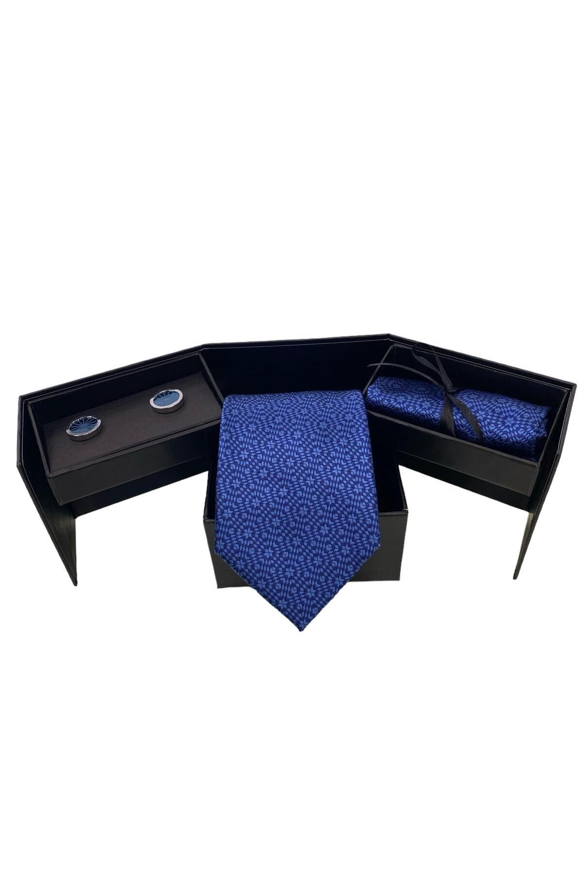 Sarar Geometrik Desen Koyu Mavi Kravat Mendil Kol Düğmesi Set