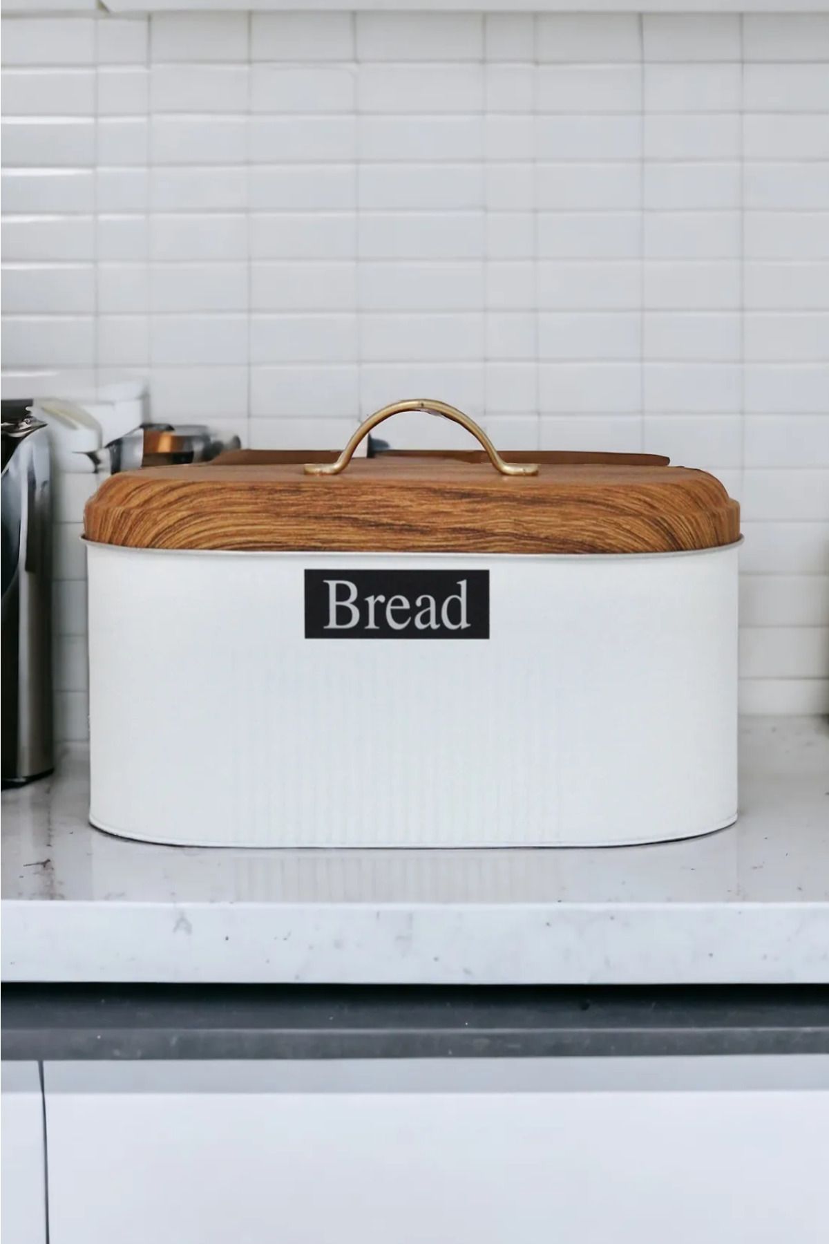 Bayev Çizgi Model Bread Bambu Kapak Görünümlü Metal Beyaz Ekmeklik Mrs-3035