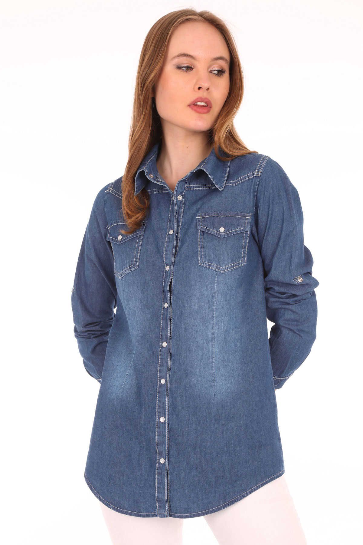 Z GİYİM Kadın Mavi Kolu Katlamalı Çıtçıt Düğmeli Kot Gömlek