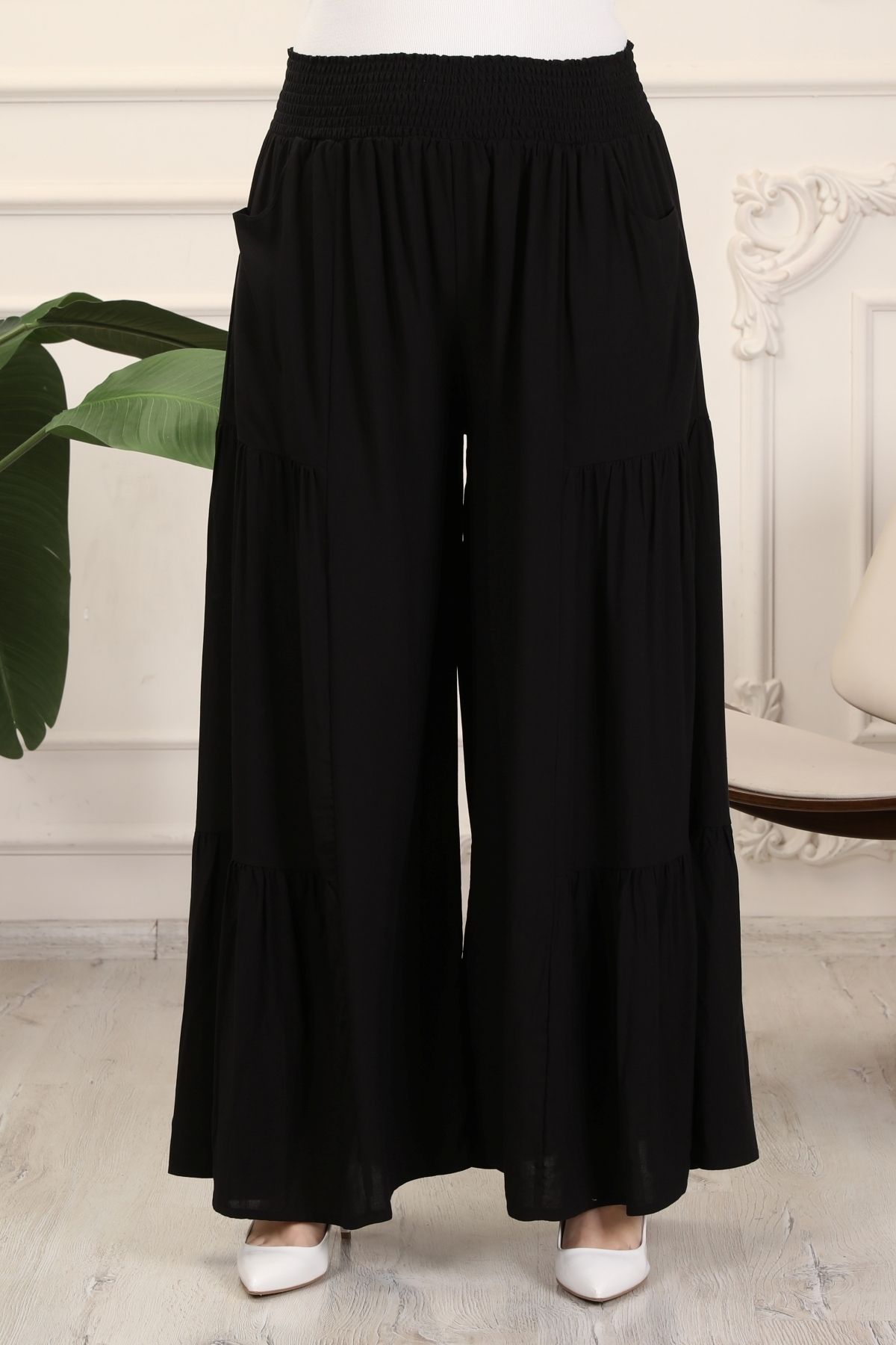ESPOİRPLUS Kadın Siyah Renk Büzgülü Likralı Dokuma Pantolon Etek