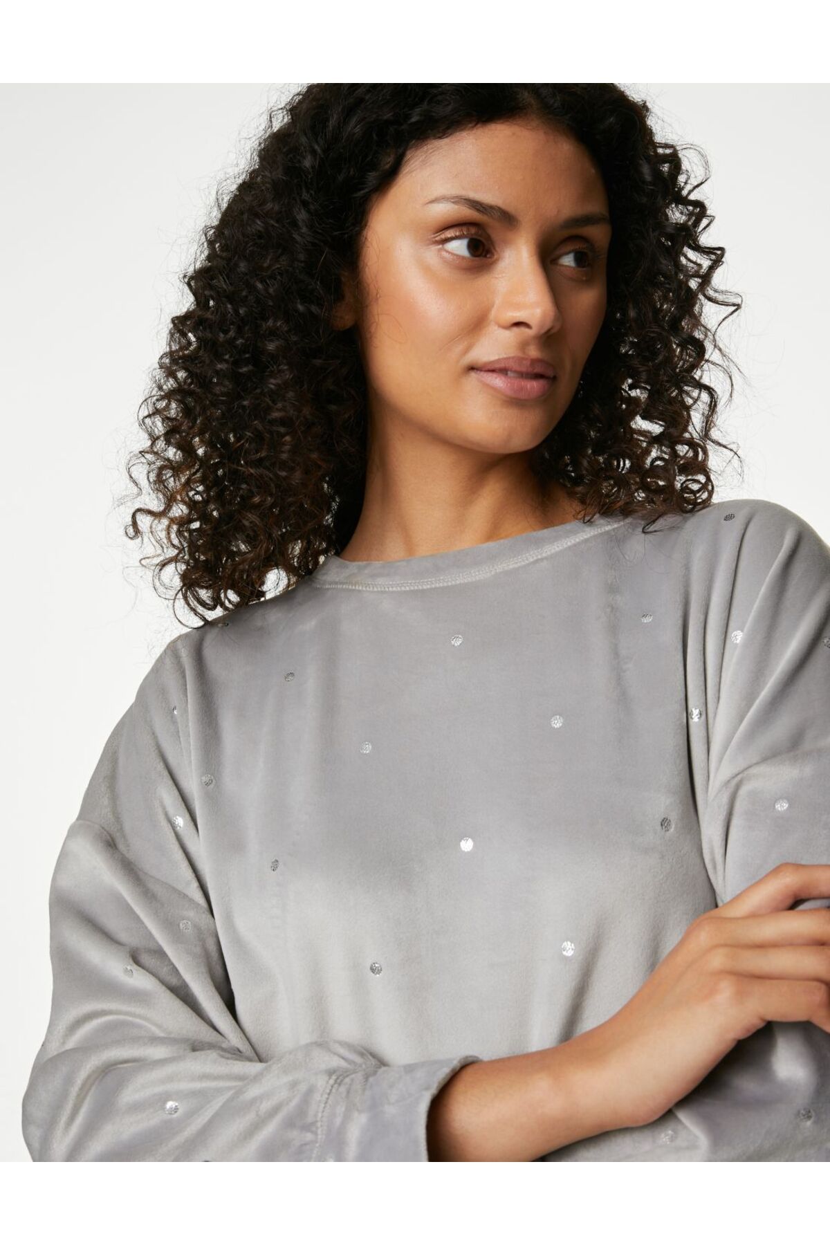 Marks & Spencer Flexifit™ Puantiye Desenli Kadife Pijama Üstü