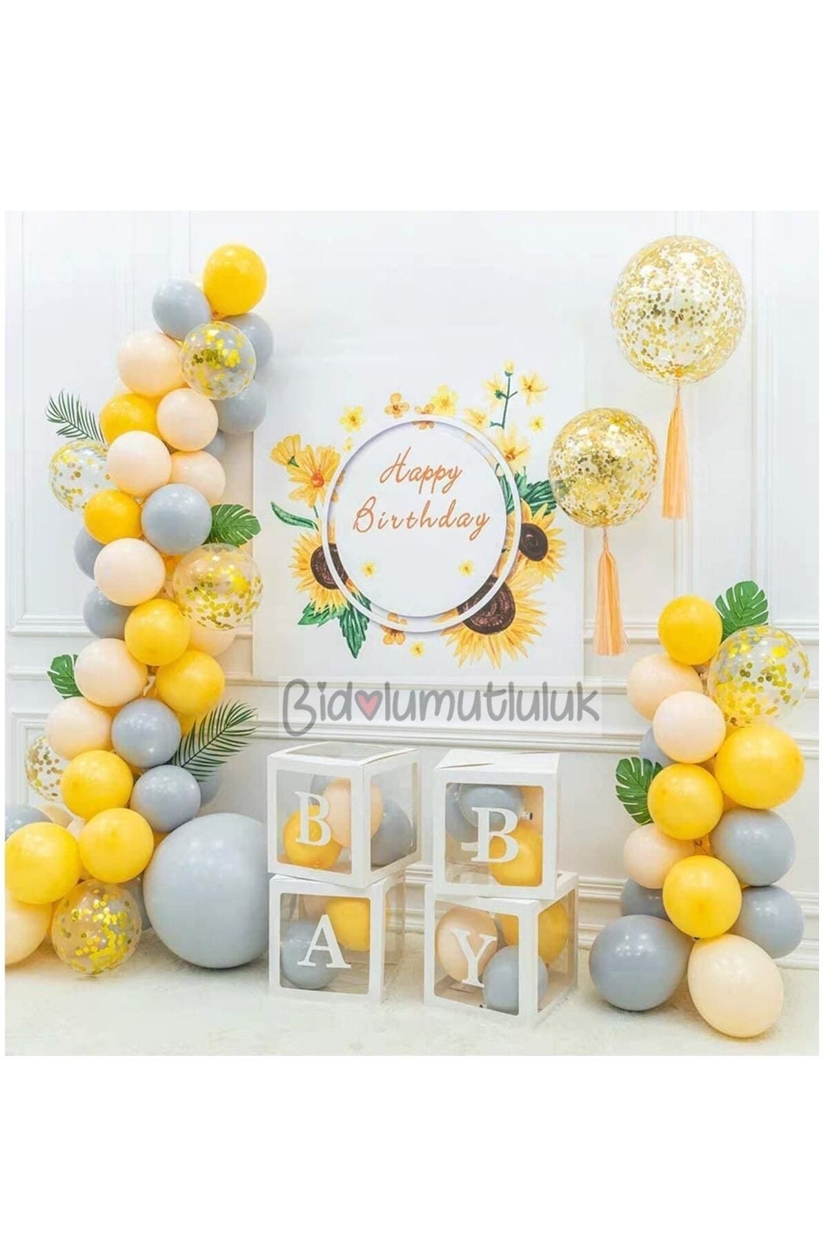BİDOLUMUTLULUK Baby Yazılı Balon Kutusu Sarı Balon Konsepti Doğum Günü Kutlama Seti