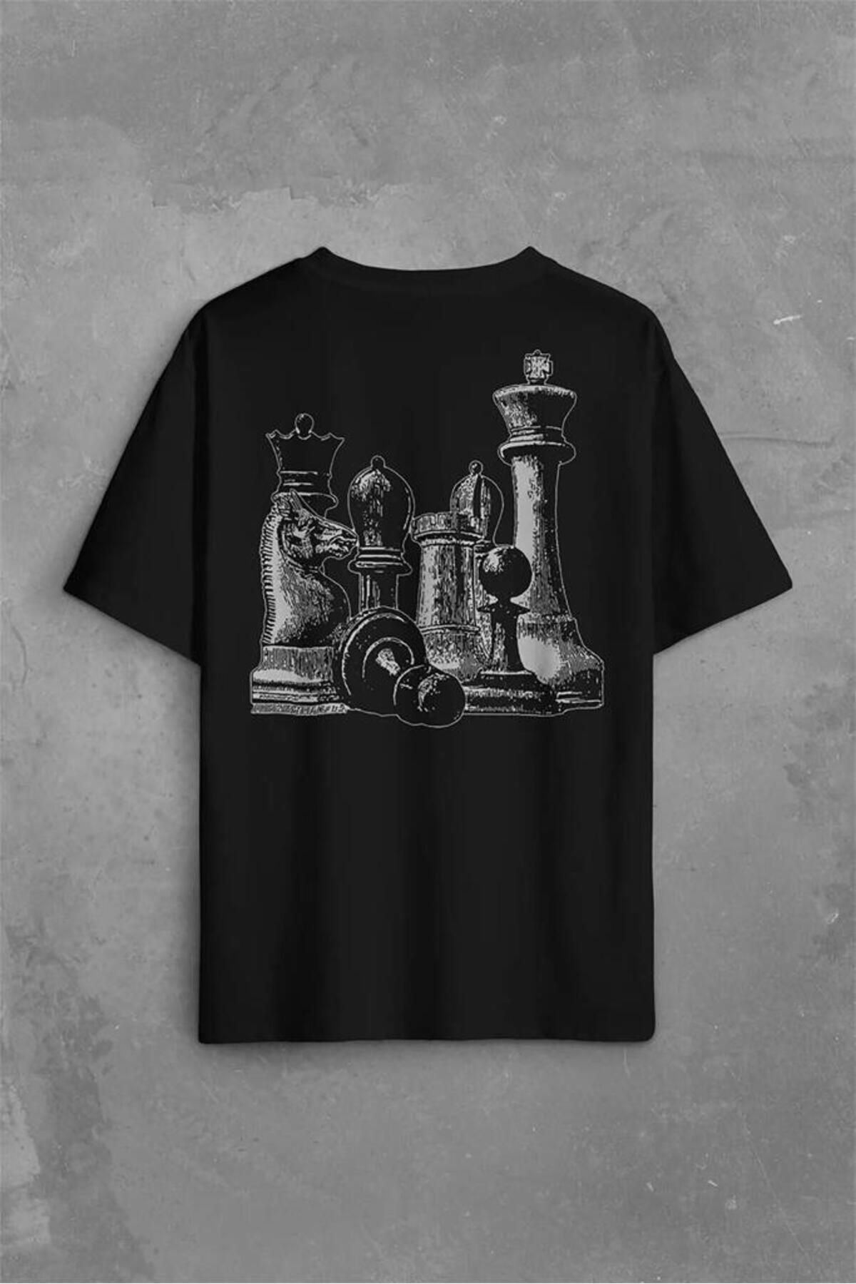 Khione Unisex Chess Satranç Baskılı Oversize %100 Pamuk T-shirt