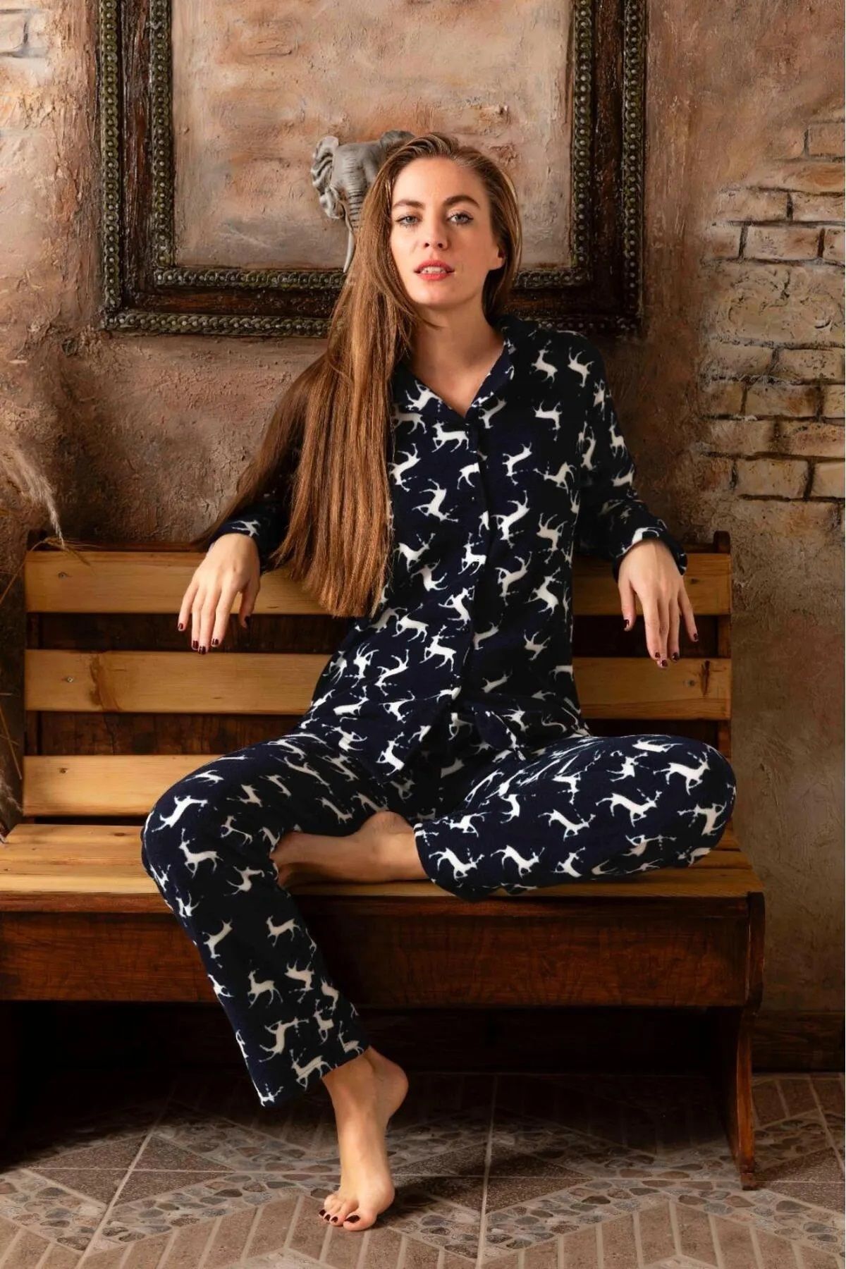 Sude Kadın Gömlek Yaka Polar Pijama Takımı M913 - 1 Adet