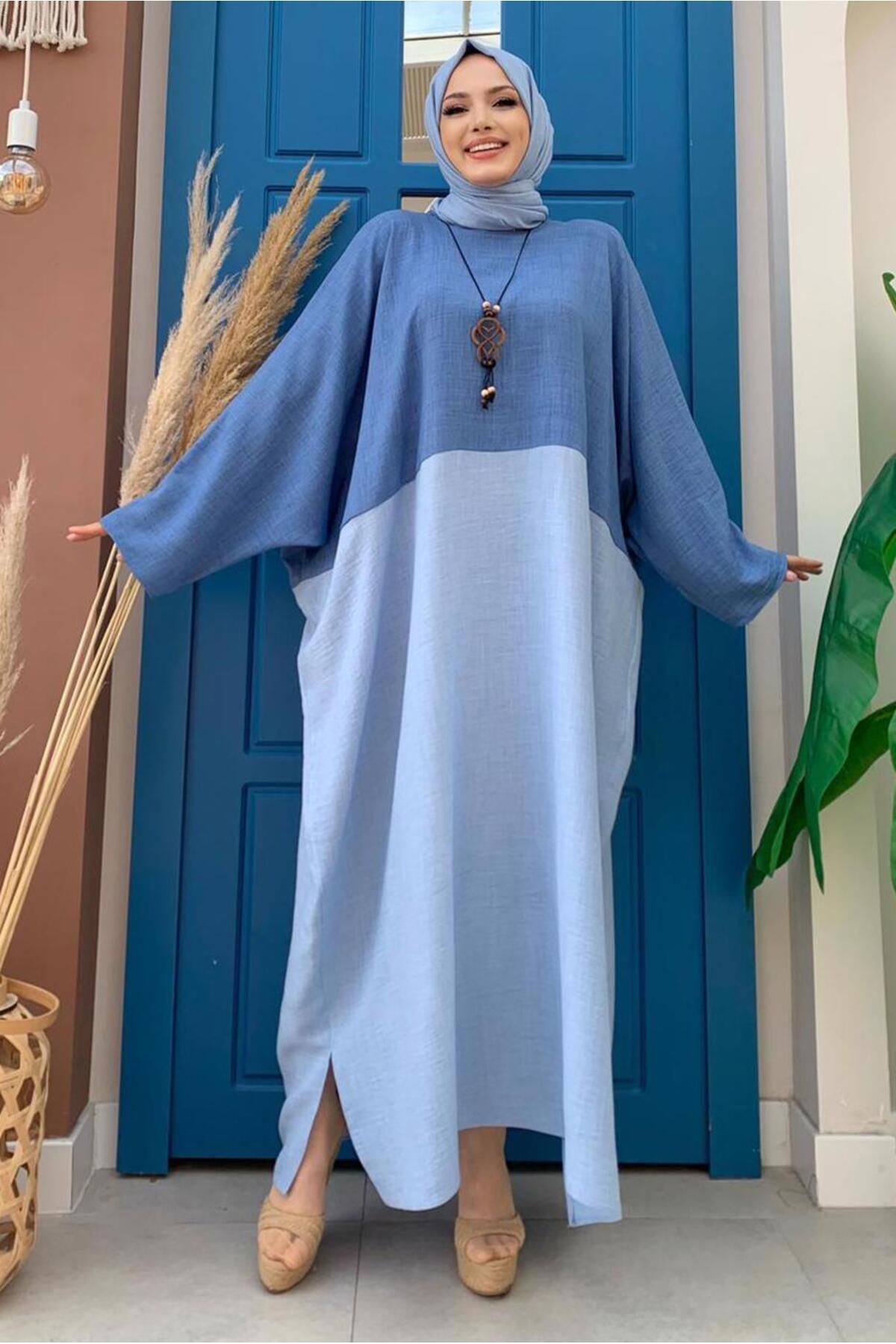 TRENDTESETTÜR Kadın Mavi Iki Renkli Yarasa Kol Salaş Elbise T 4083