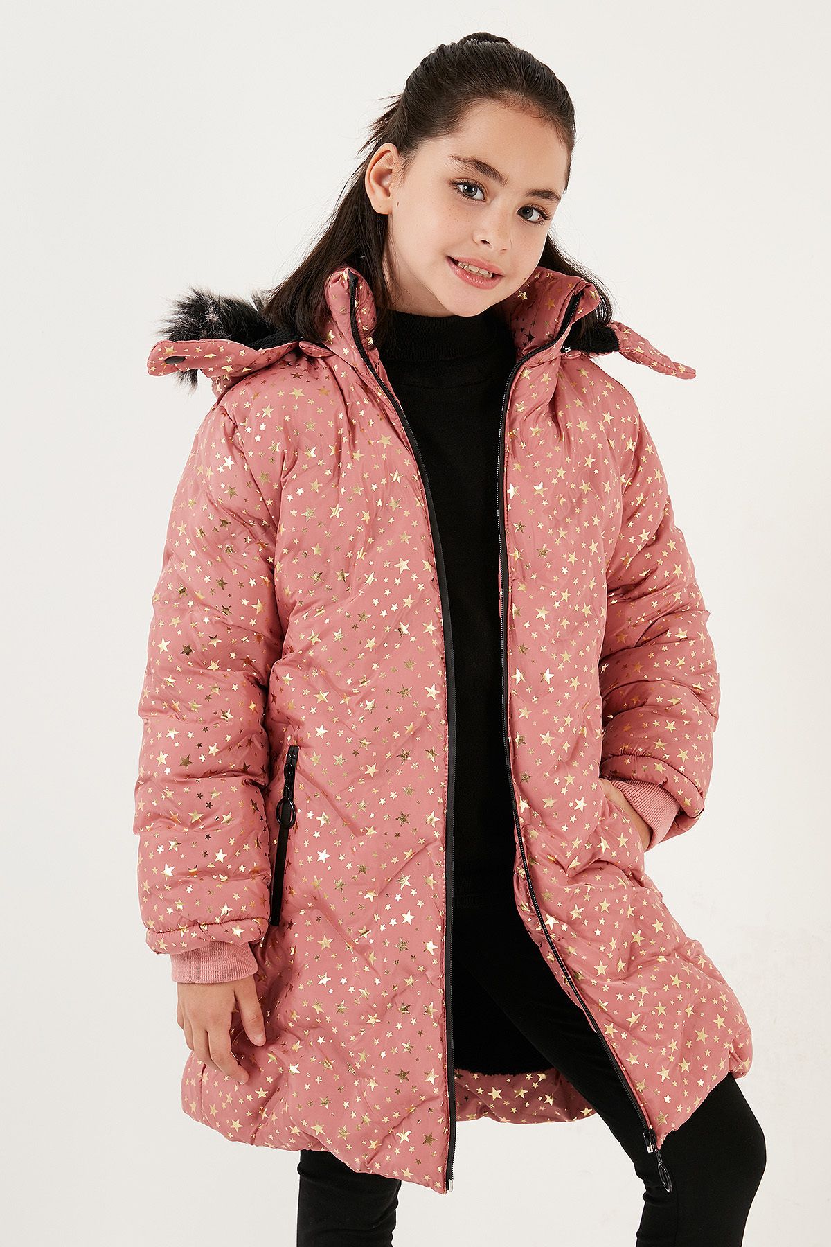 Lela Yakası Suni Kürklü Yıldız Desenli Çıkarılabilir Kapüşonlu Peluş Astarlı Kışlık Mont Kız Çocuk M