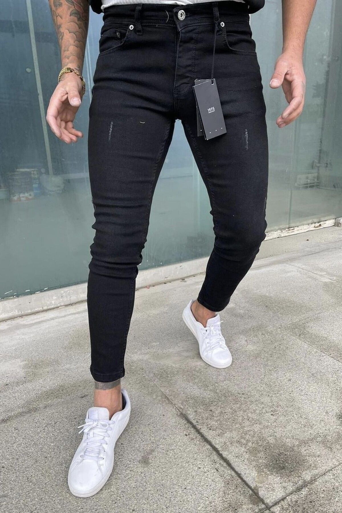 DOPPİO'N DENİM Erkek Siyah Slim Fit Likralı Lazerli Kot Pantolon