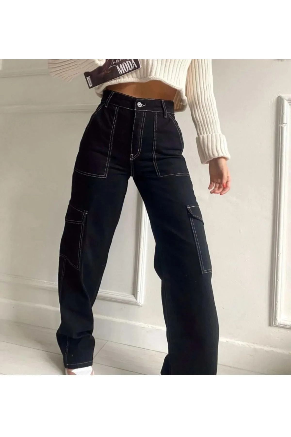 Asortix Kız Çocuk Siyah Ters Dikiş Detaylı Denim Kargo Pantolon Kot Jean