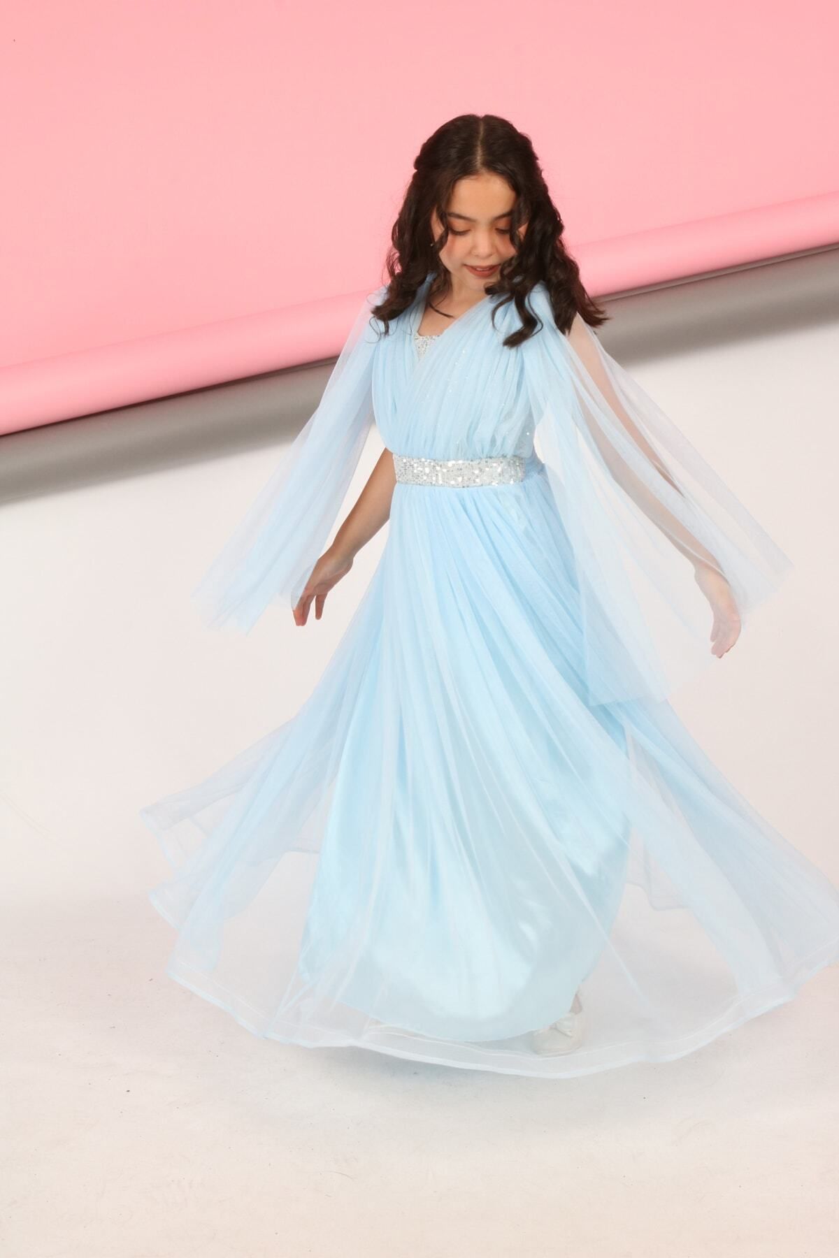 Asortik Kids Çocuk Beli Pul Işleme Sırt Lastikli Dantel Kol Detay Abiye Mezuniyet Düğün Balo Elbise