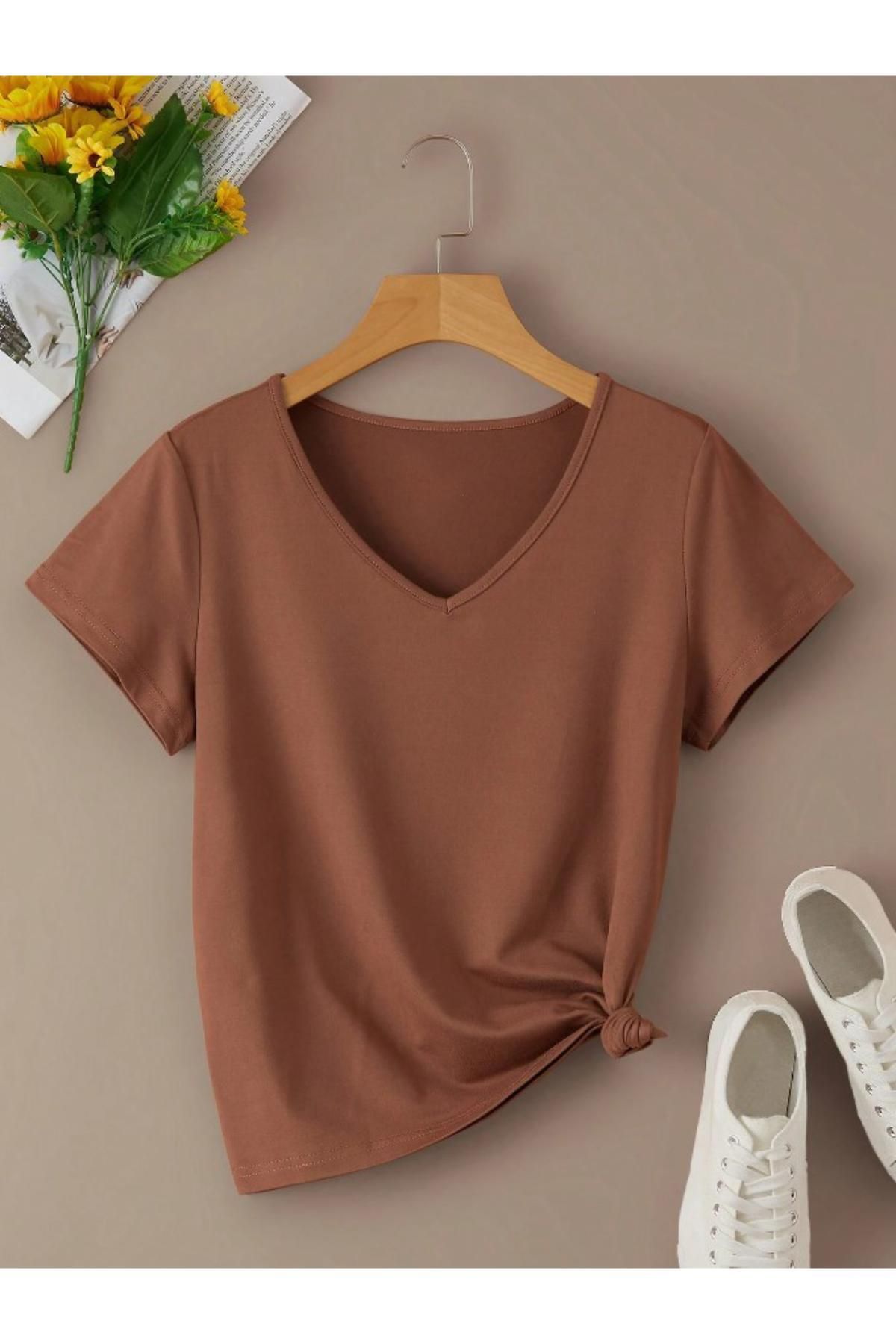RASCHA Kadın Kahverengi V Yaka Regular T-Shirt