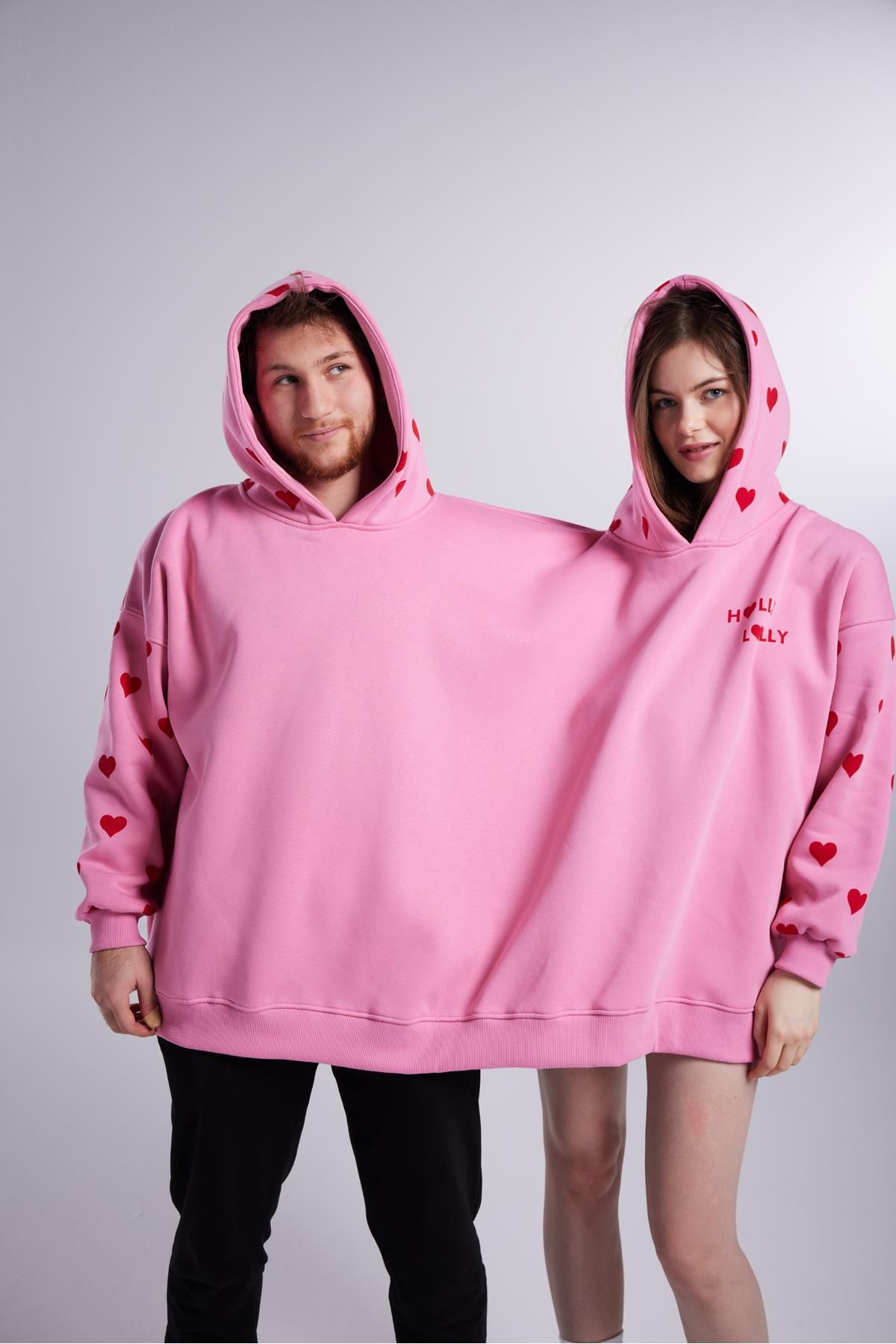 HOLLY LOLLY Kalp Baskılı Çift Giyilir Lovebombing sweatshirtshirt Pembe