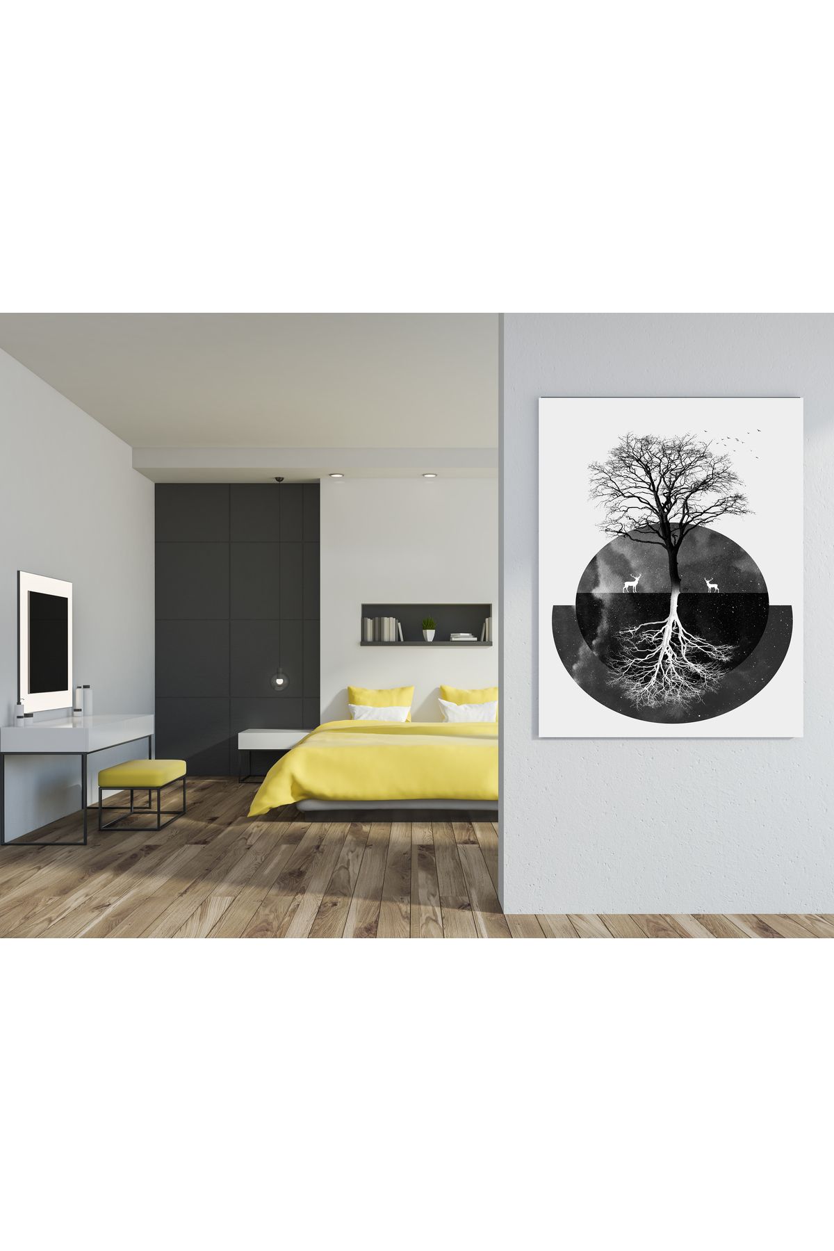 arzuönler Siyah Beyaz Yansımalı Ağaç Özel Tasarım HD Kalite Dekoratif Kanvas Tablosu