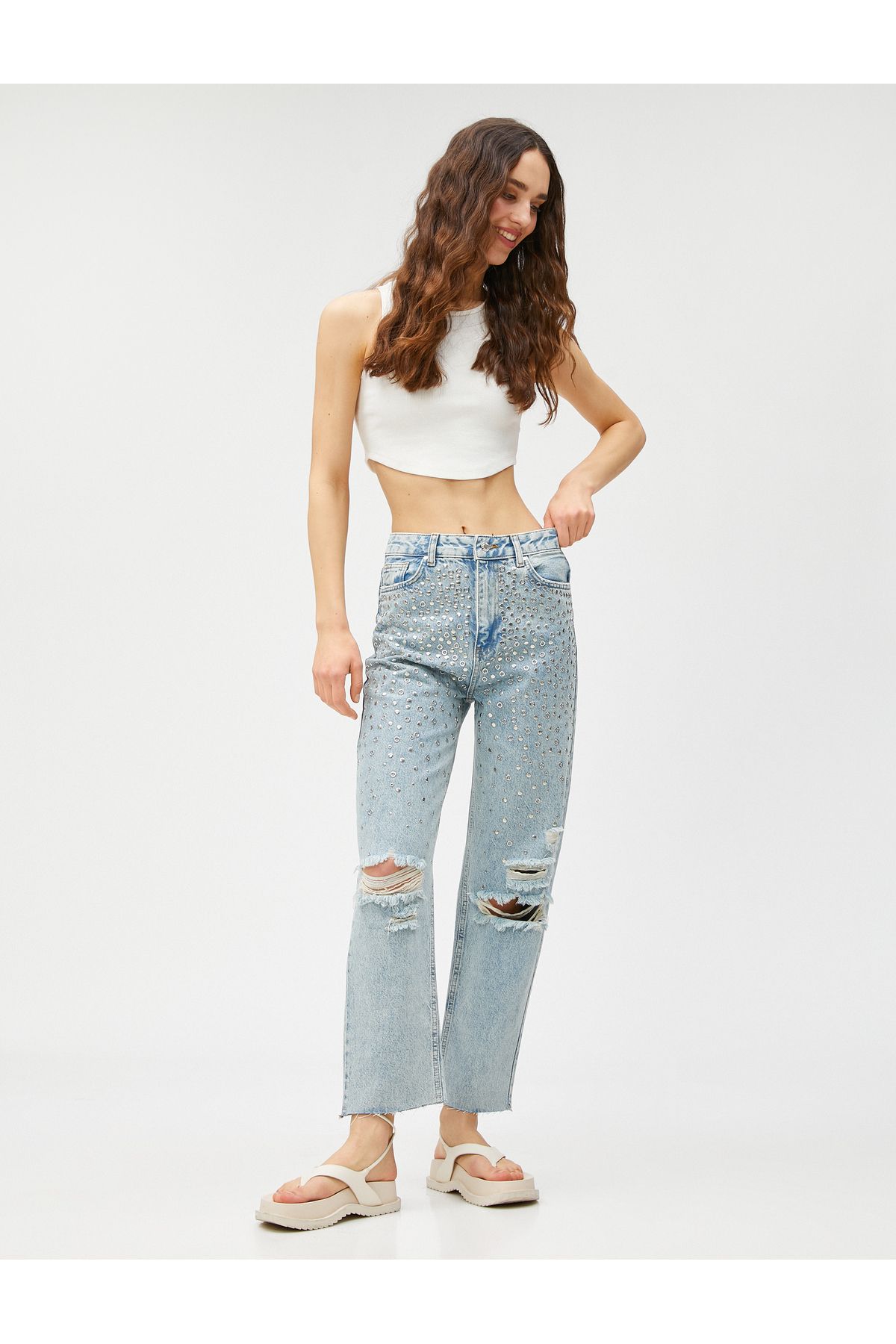 Koton Yüksek Bel Kot Pantolon Taş Işlemeli Düz Paça - Eve Jeans
