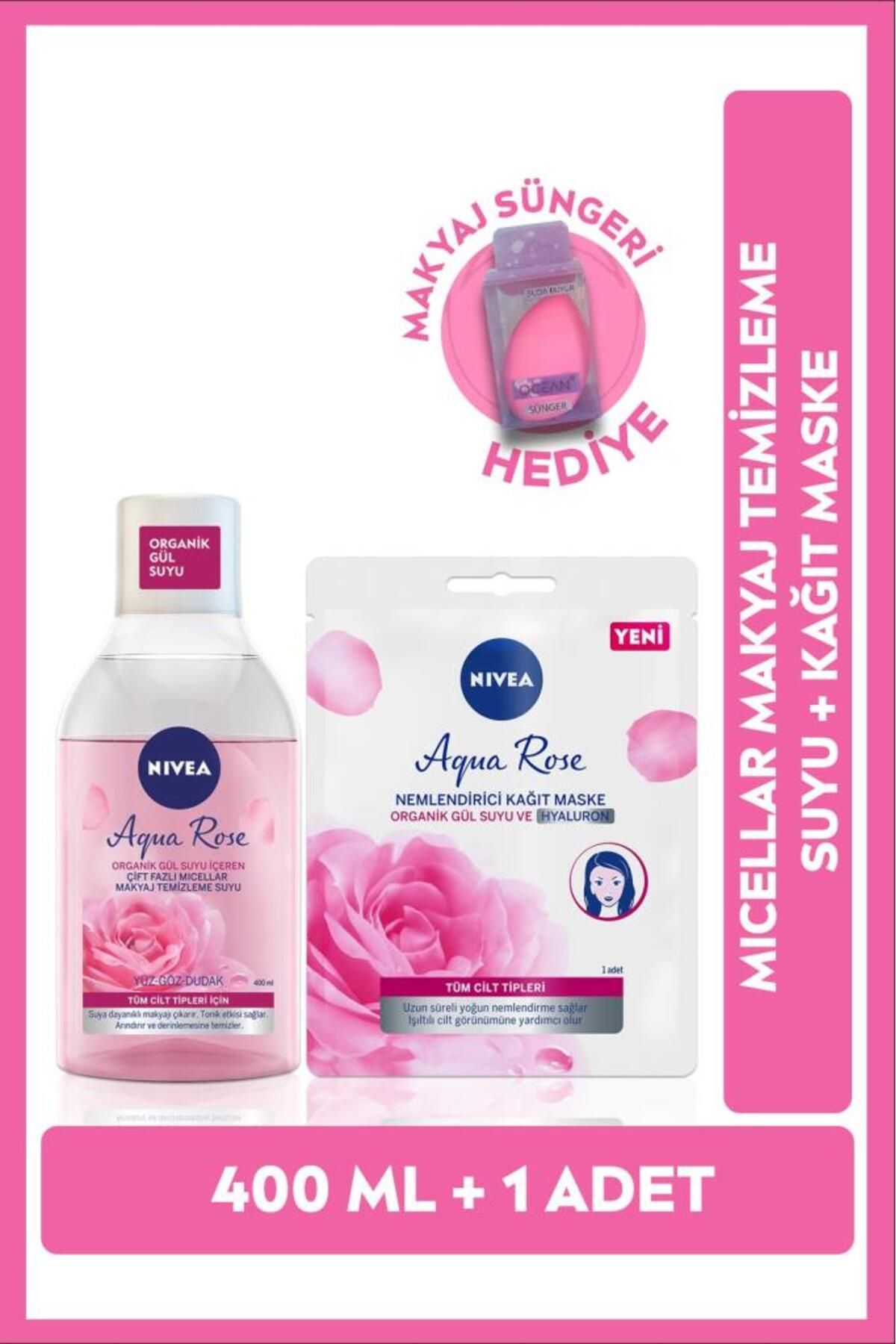 NIVEA Aqua Rose Organik Gül Suyu Içeren Makyaj Temizleme Suyu 400 ml Ve Yüz Maskesi 1 Adet